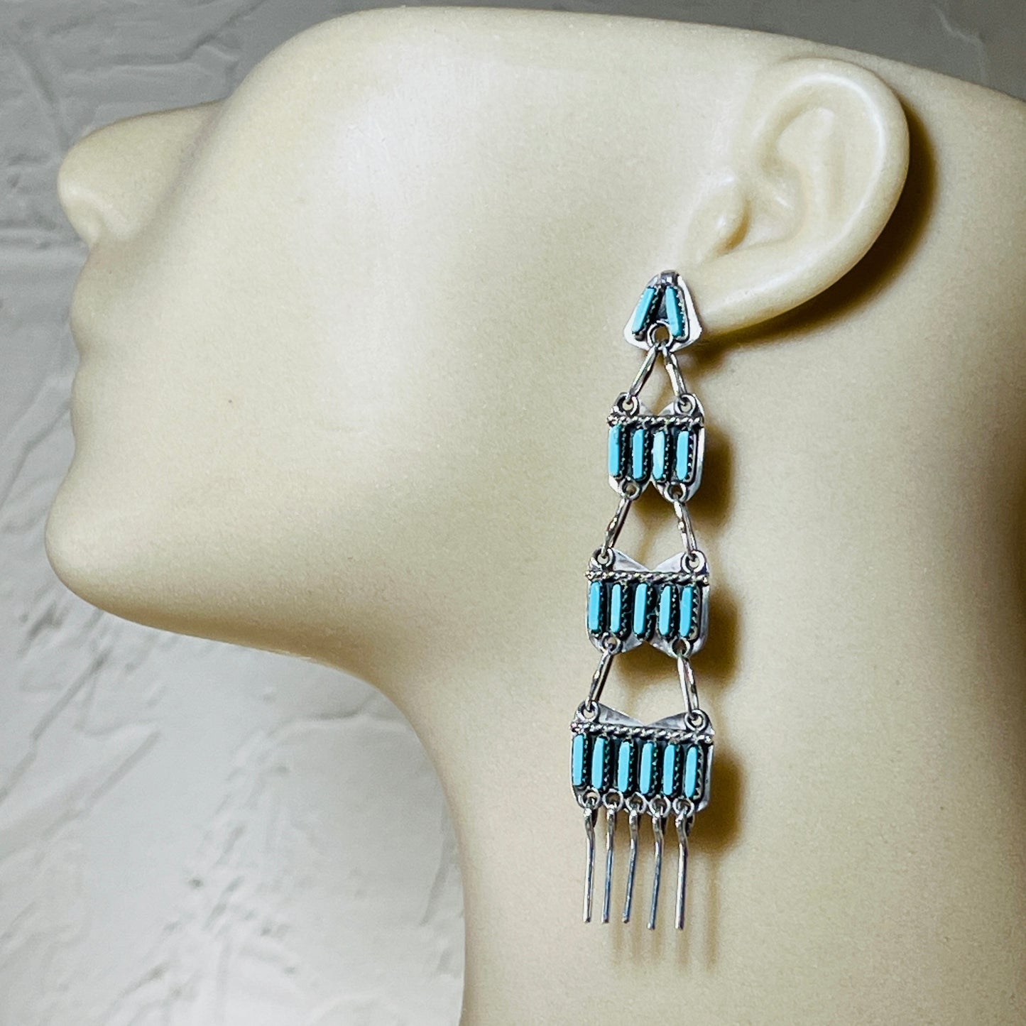 Long Turquoise needlepoint chandelier earrings Geraldine Faber Navajo handmade ER40