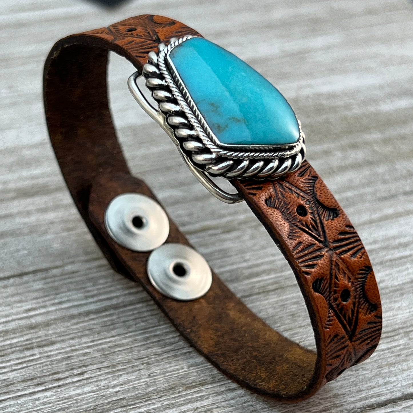 Real Turquoise leather Sterling silver bracelet adjustable Navajo Mike Smith Size 7, 7.5