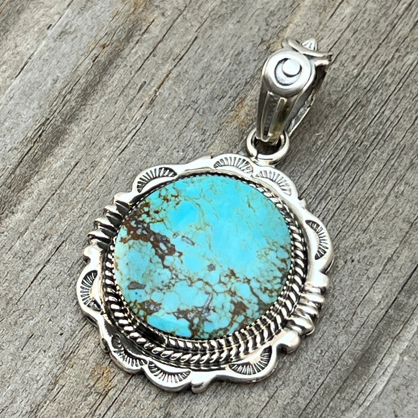 Kingman Turquoise Pendant Sterling silver Navajo handmade Jeremy Delgarito 763