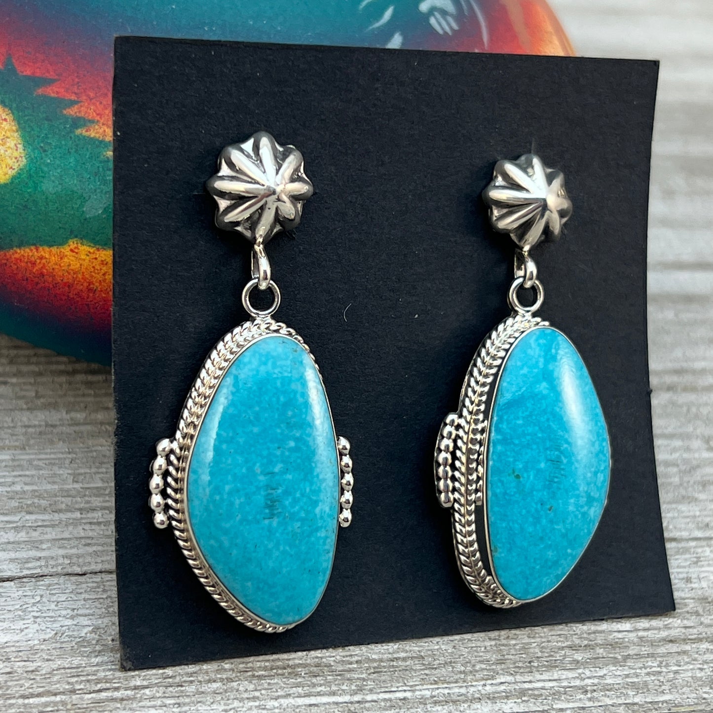Simple Turquoise dangle earrings sterling silver Navajo Raymond Yazzie 2
