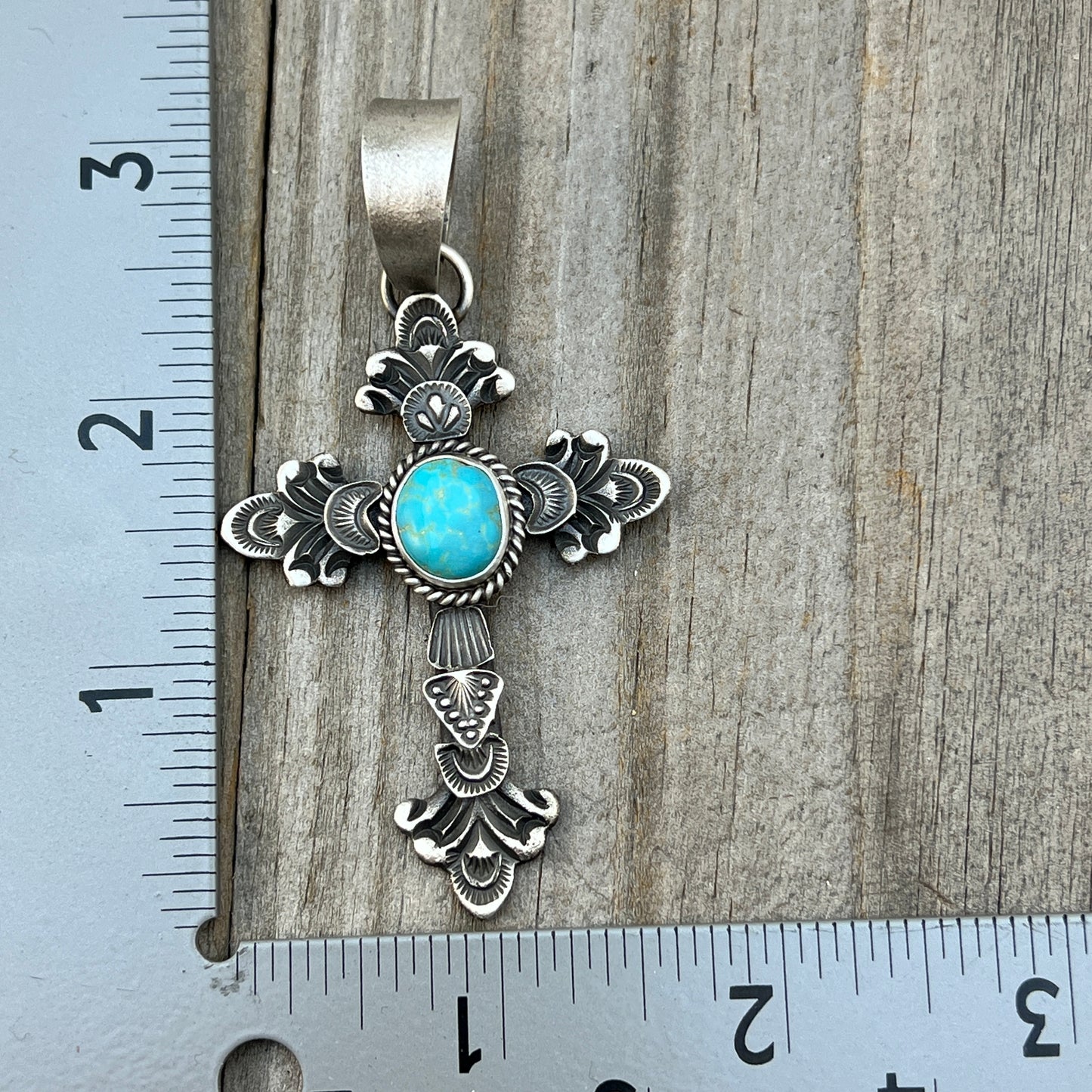 Kingman turquoise ornate cross pendant sterling silver Kevin Billah Navajo 807