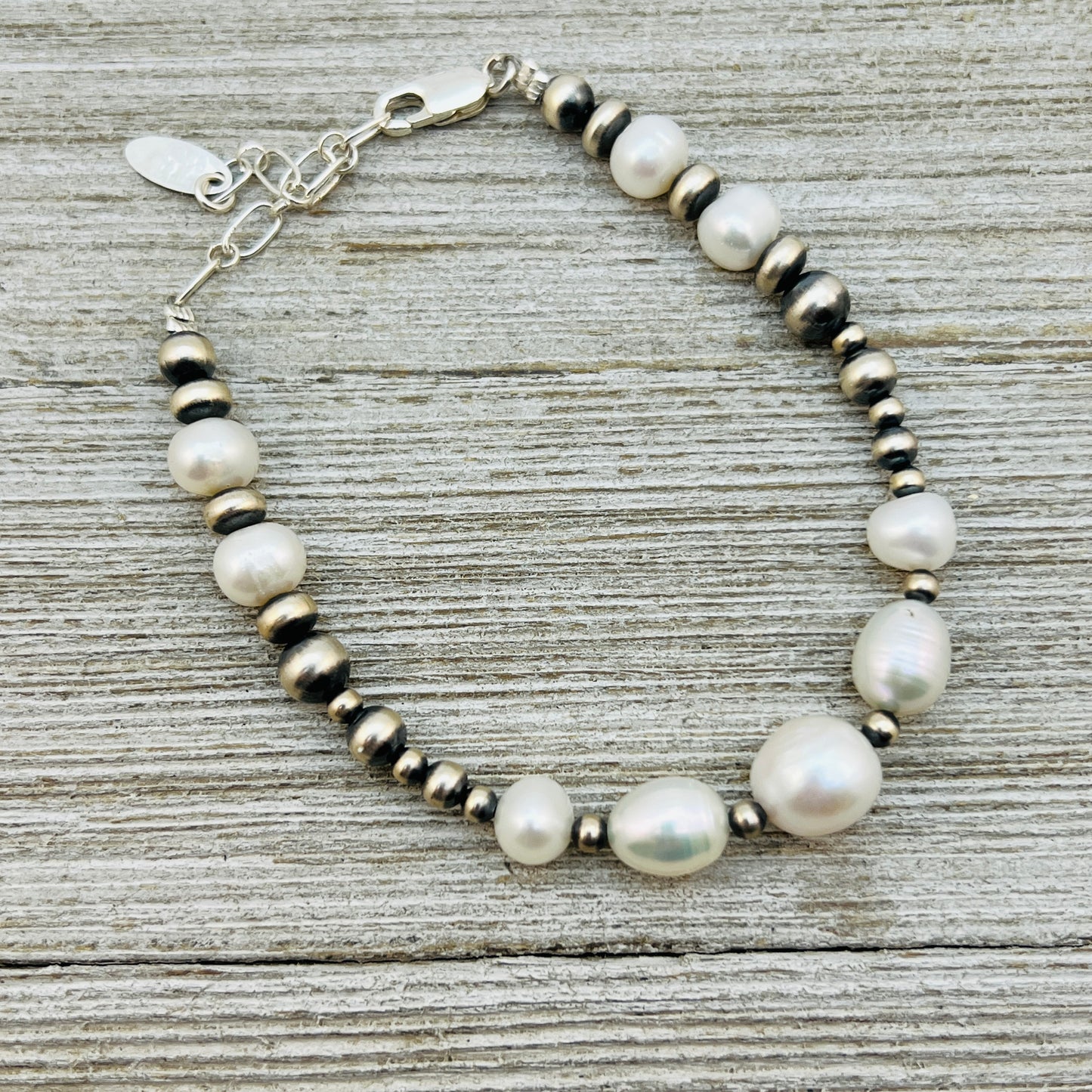 Adjustable 7" - 9" bracelet, Real Sterling Silver, Freshwater pearls, Western Boho Pearl,