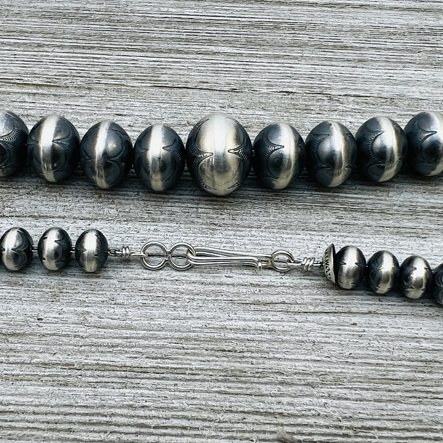 20" Sterling silver Handmade Navajo Pearl Graduated stamped bead necklace Bryannen Halwood signed