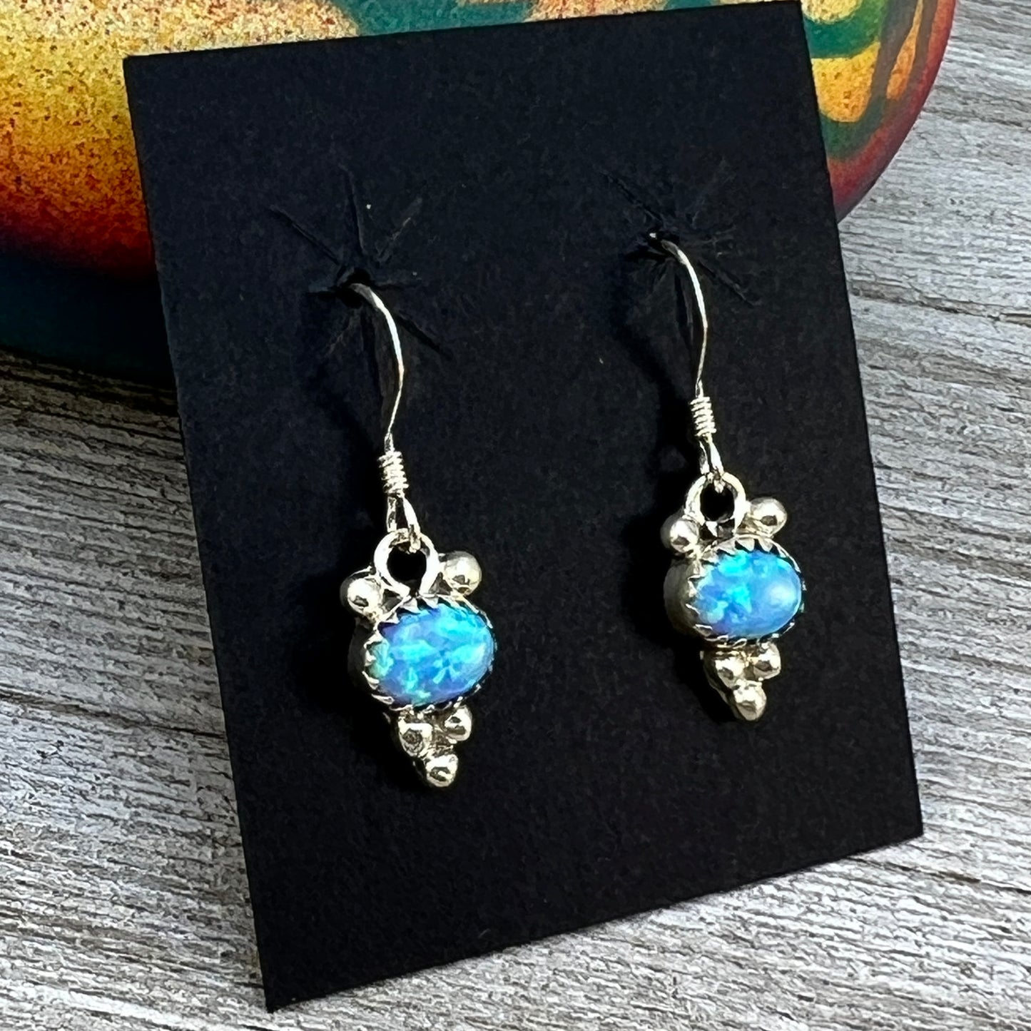 Dainty blue Opal Dangle earrings, small handmade Sterling Silver