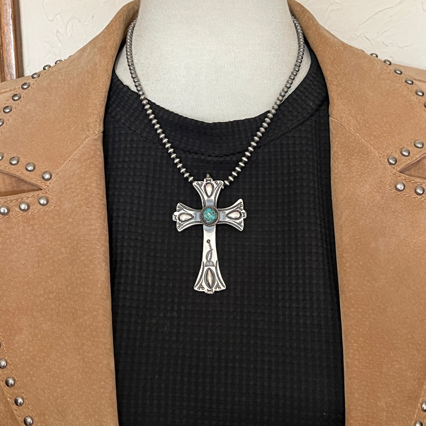 Turquoise Cross Pendant Sterling Silver Navajo handmade Martha Cayatineto 630