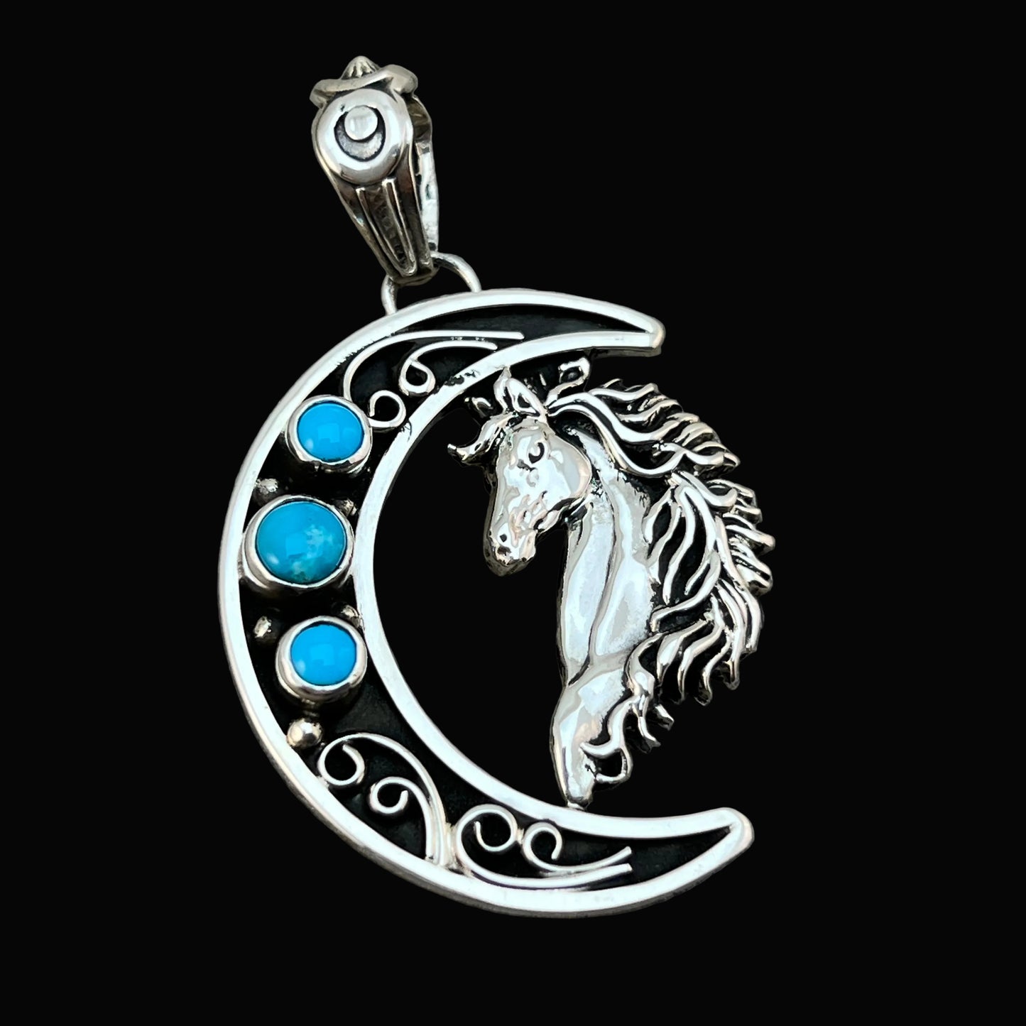 Blue turquoise horse moon pendant sterling silver Jennifer Cayaditto Navajo 819