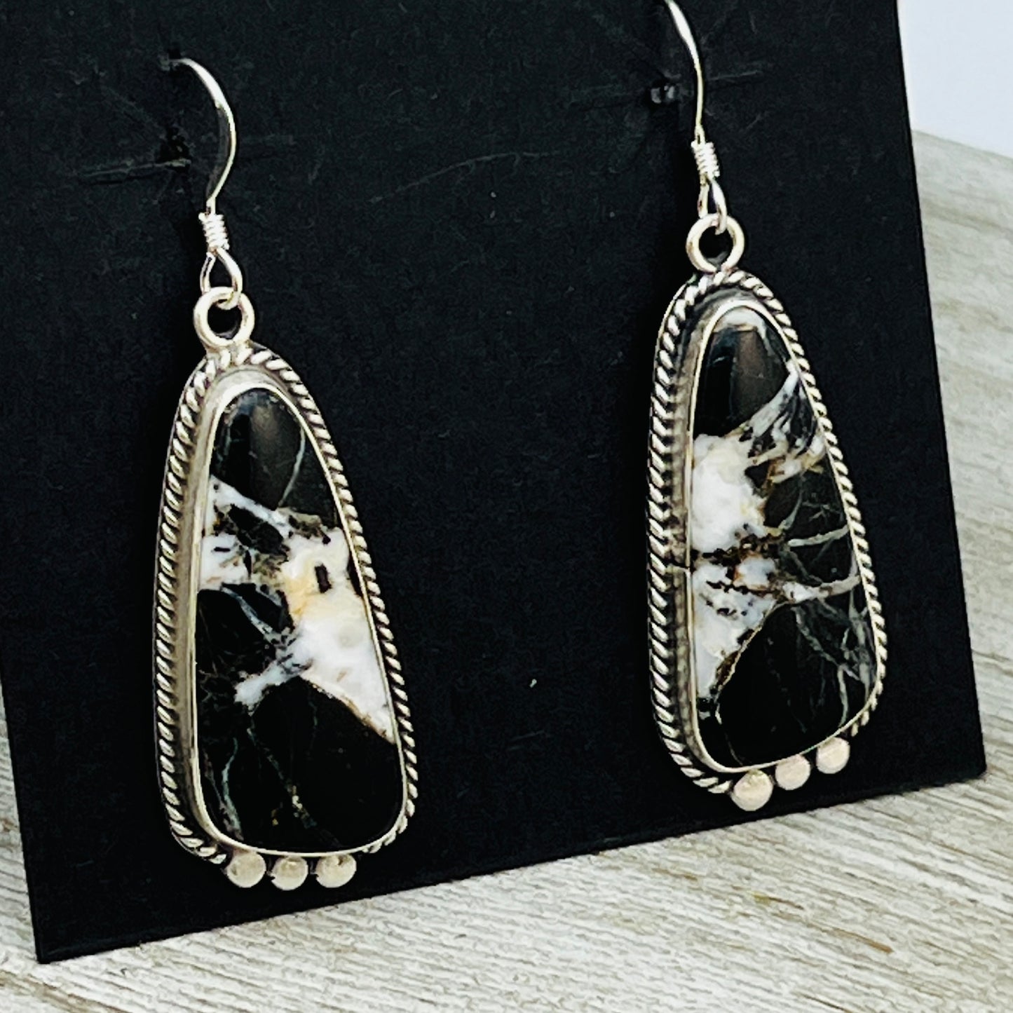White Buffalo stone dangle earrings sterling silver Sharon McCarthy Navajo ER51