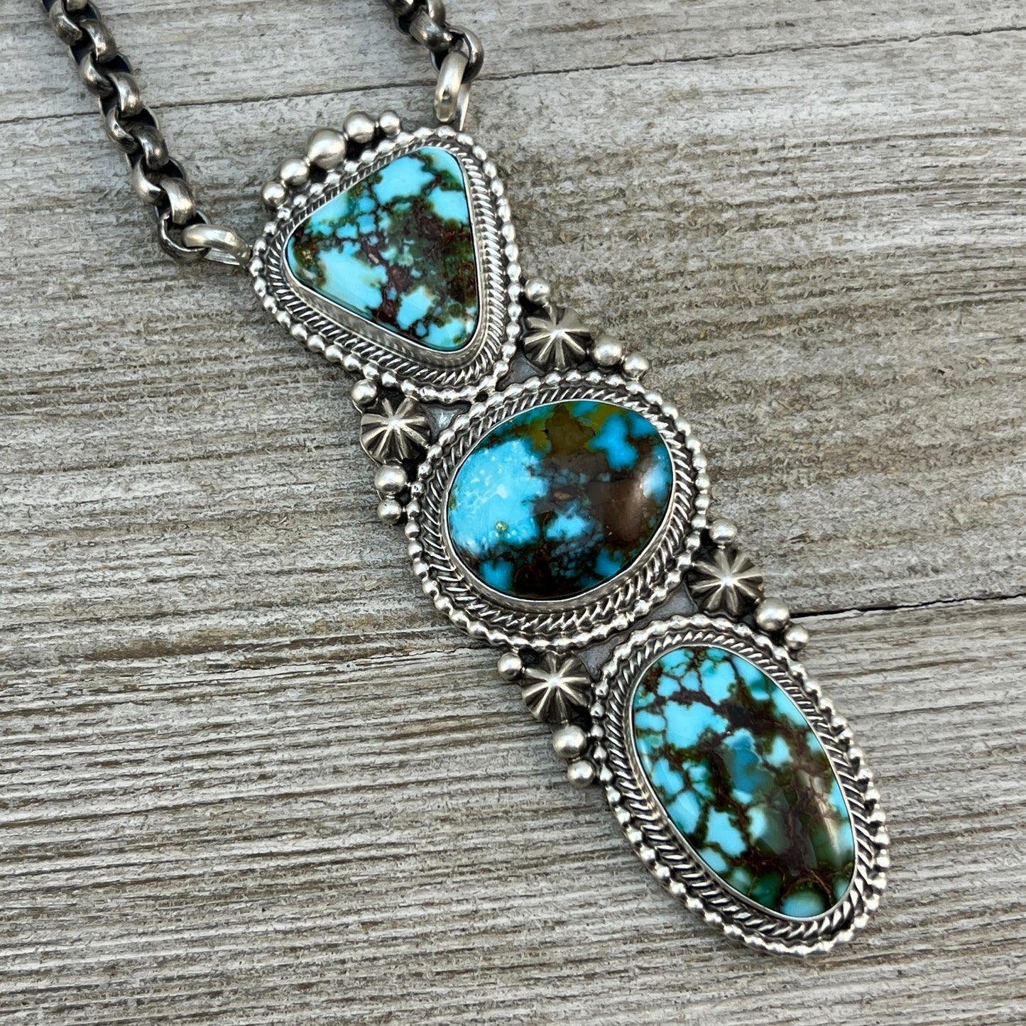 24" Kingman turquoise Necklace 1, Sterling Silver Rolo Chain Tom Lewis