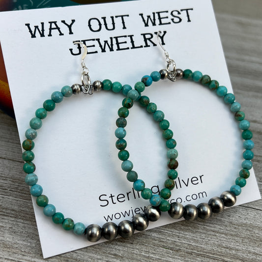 4mm round turquoise bead large hoop earrings, 6mm sterling silver oxidized bead 2 1/4"