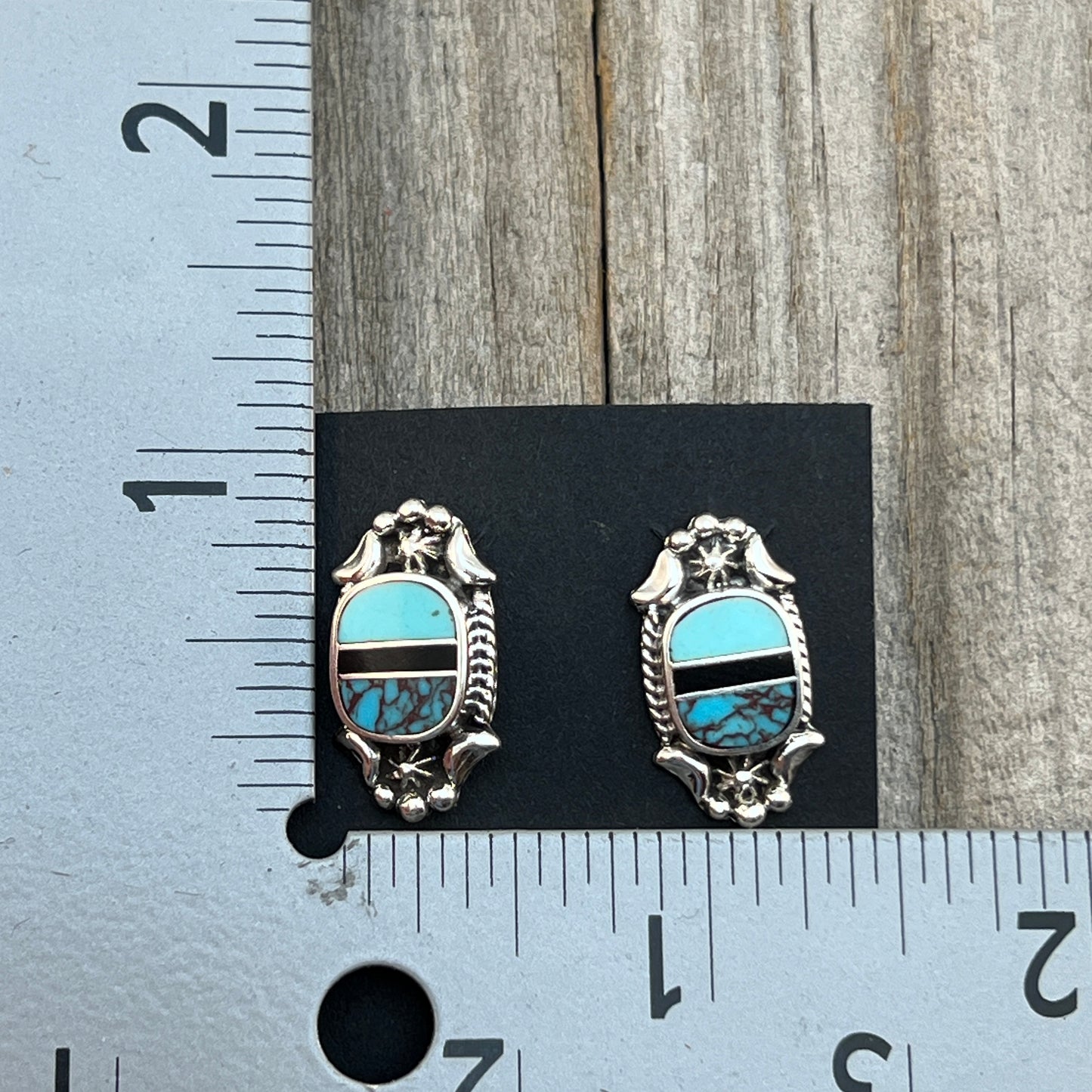 Modern Turquoise Inlay Stud Earrings Sterling Silver James Manygoats Navajo 665