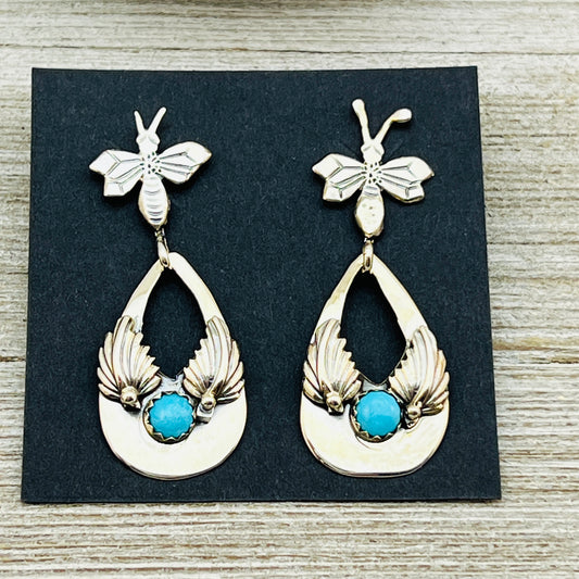 Turquoise Door knocker style modern Dragonfly earrings Sterling silver Phyllis Smith ER16