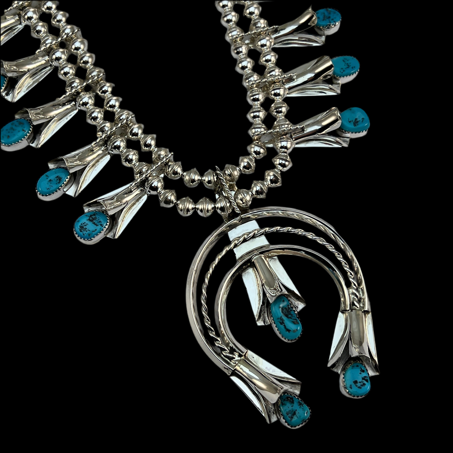24" Sleeping Beauty Turquoise  squash blossom necklace Louise Yazzie Sterling silver set