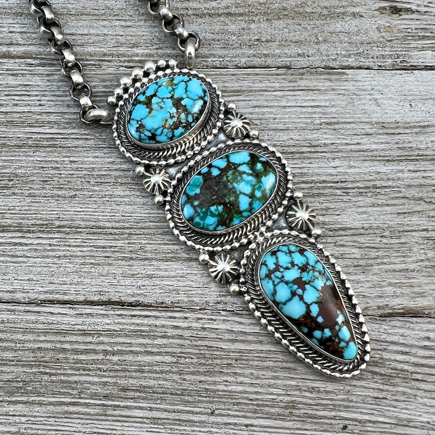 24" Kingman turquoise Necklace 2 Sterling Silver Rolo Chain Tom Lewis Navajo