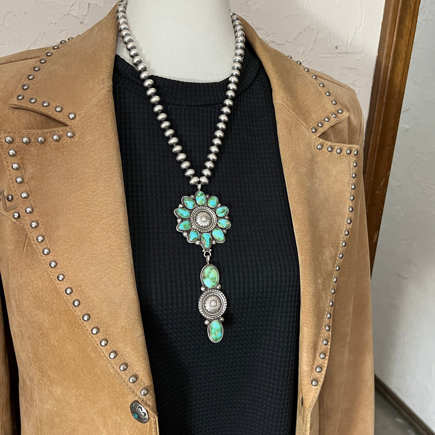 21" Sonoran turquoise Navajo Necklace Sterling Silver Pearls 10mm beads