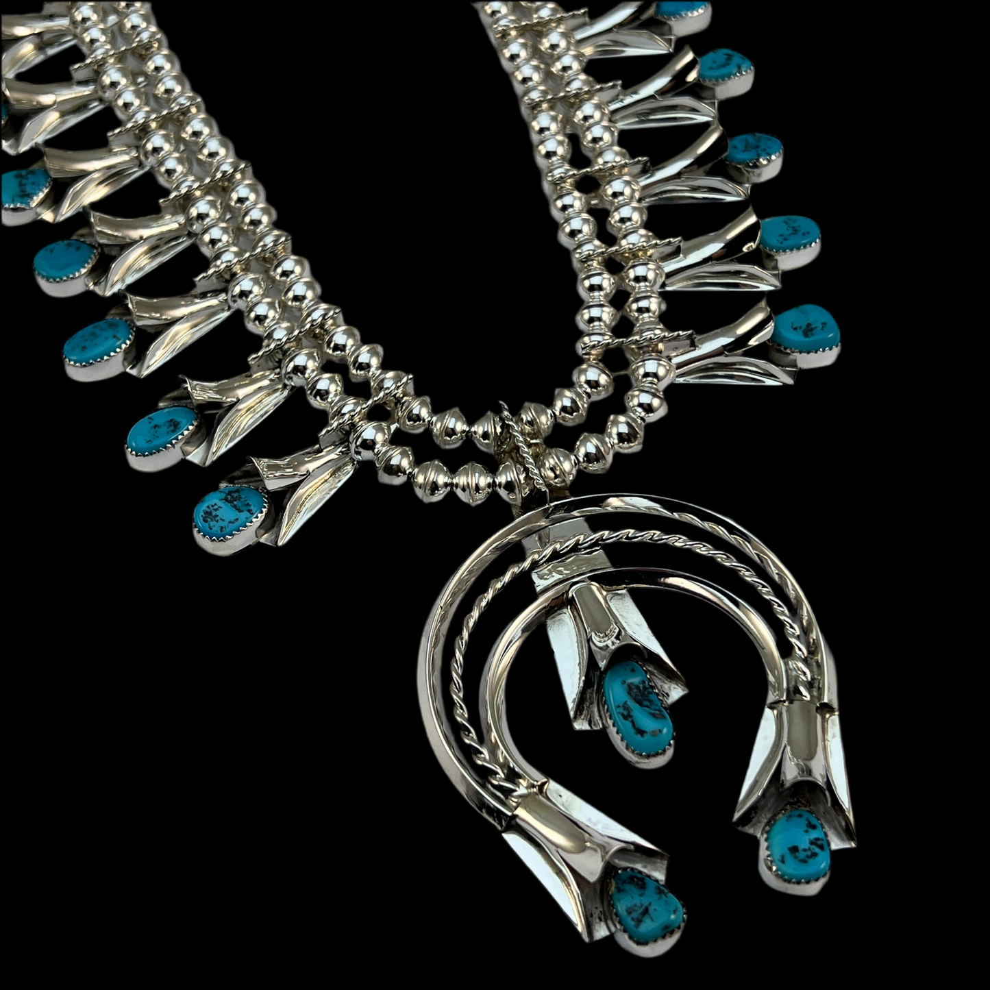 24" Sleeping Beauty Turquoise  squash blossom necklace Louise Yazzie Sterling silver set