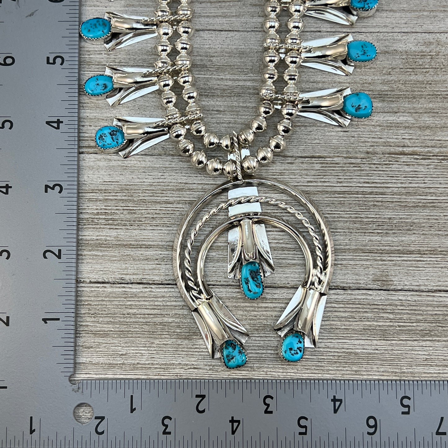 24" Sleeping Beauty Turquoise  squash blossom necklace Louise Yazzie Sterling silver set