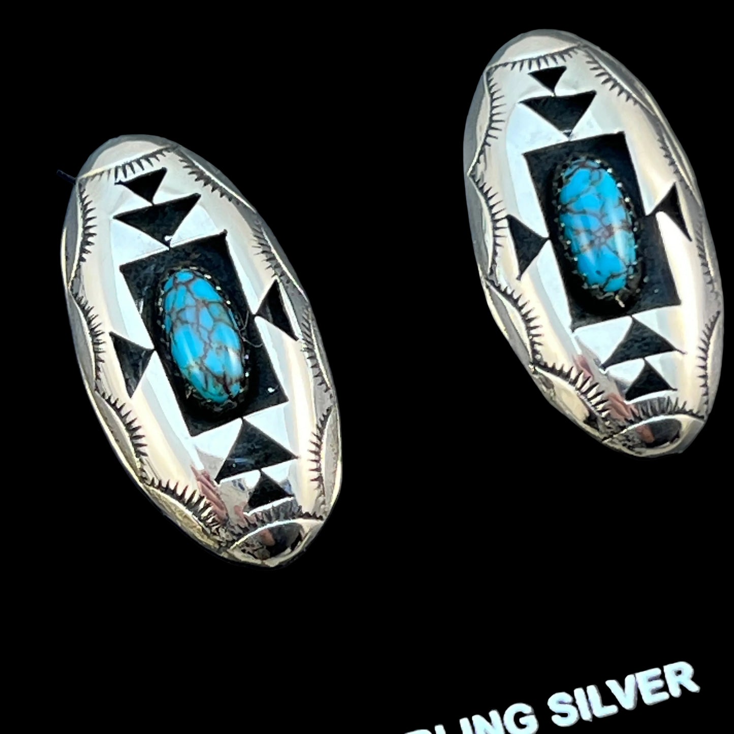 oval concho shadowbox post stud earrings, sterling silver turquoise Felix Perry 834