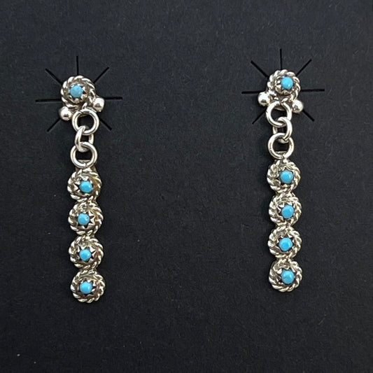 Zuni Turquoise Snake Eye Tiny Dot bar dangle earrings sterling silver Bernadette Nakatewa