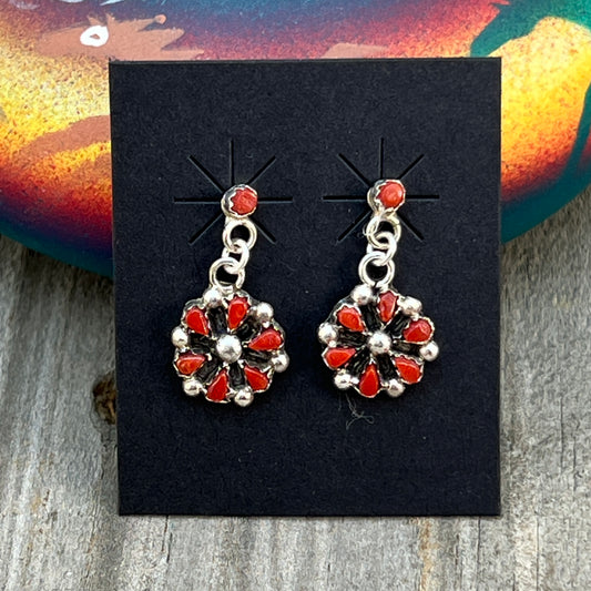 Small Zuni Petit point red coral dangle cluster earrings, sterling silver turquoise 659