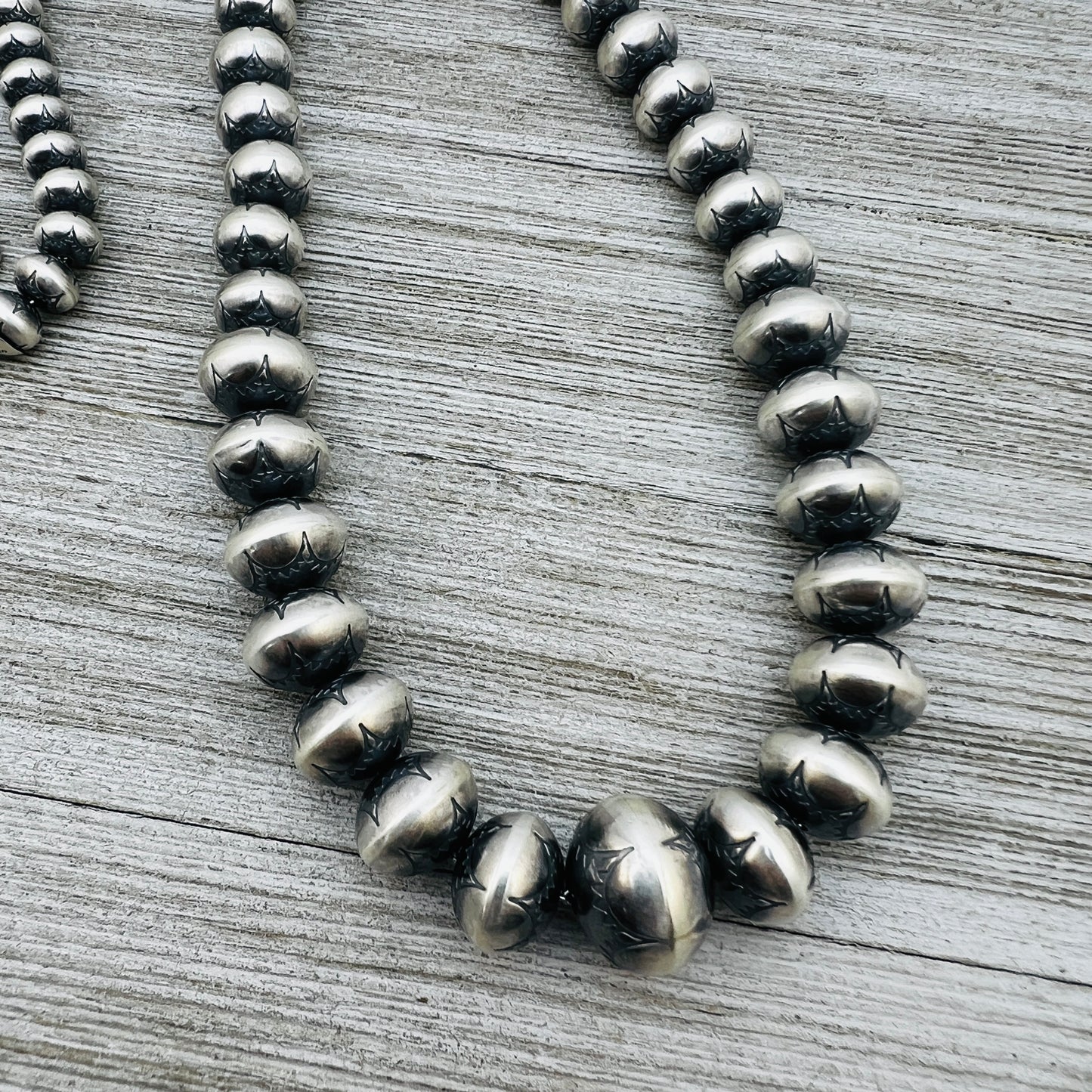 28" Sterling silver Handmade Navajo Pearl Graduated stamped bead necklace Bryannen Halwood signed