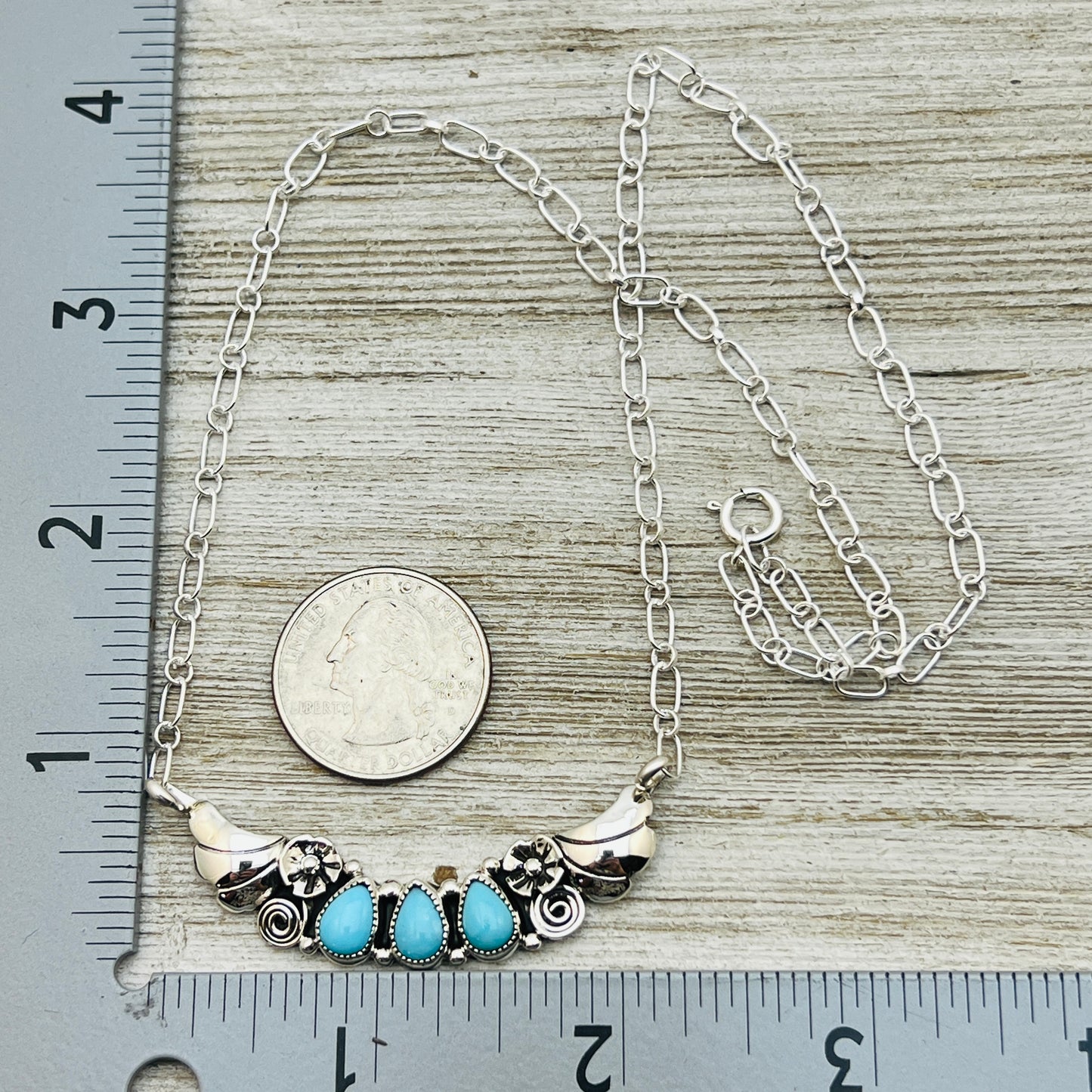 19" adjustable Blue Campitos 3 stone floral bar necklace Sterling Silver NK25