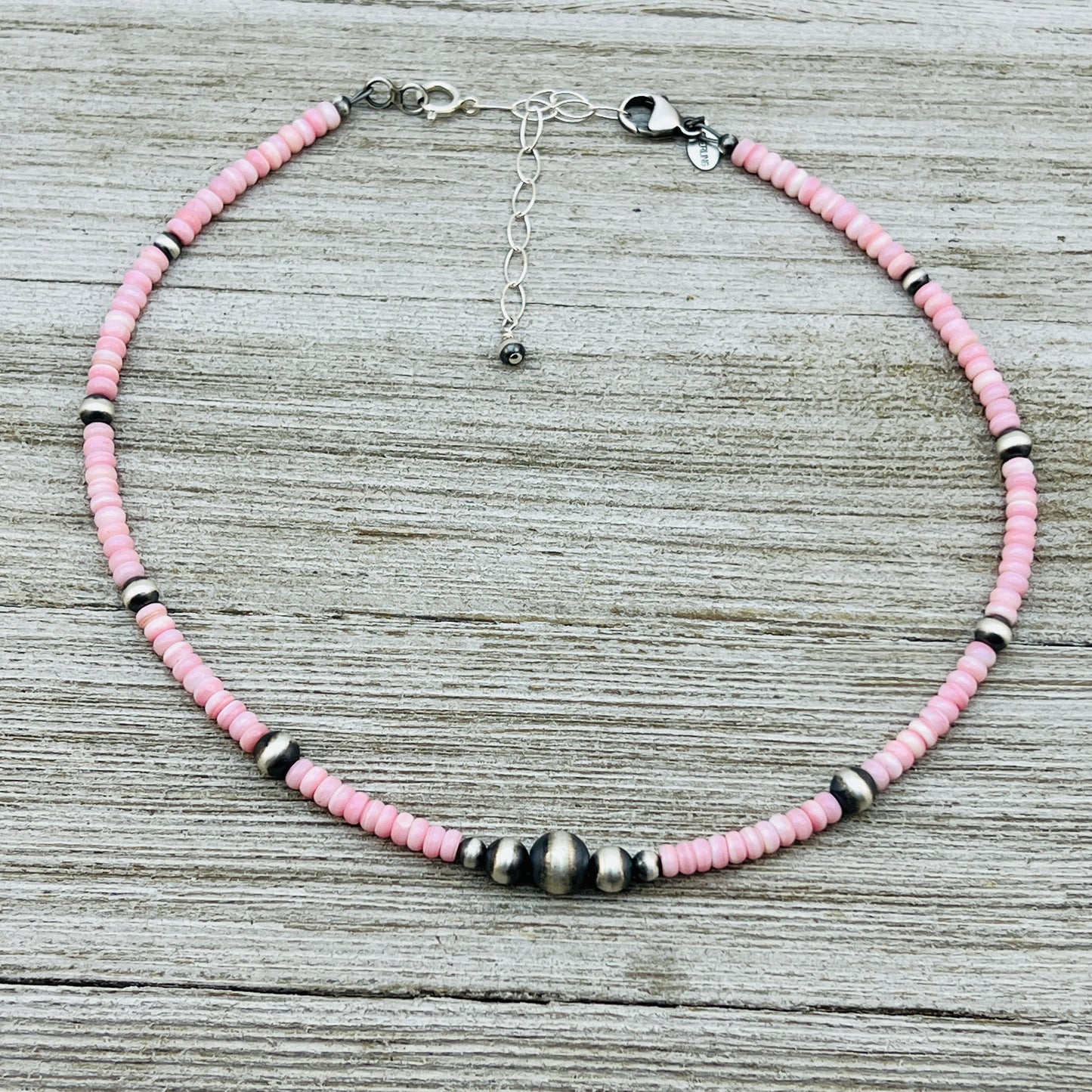 13" 14" 15" 16" 17" adjustable choker, Real Sterling Silver, oxidized, Pink Conch Bead Necklace, Western Boho Pearl