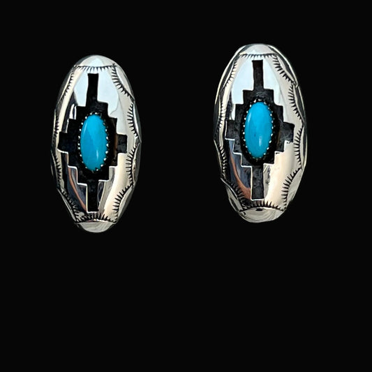 oval concho shadowbox post stud earrings, sterling silver turquoise Felix Perry