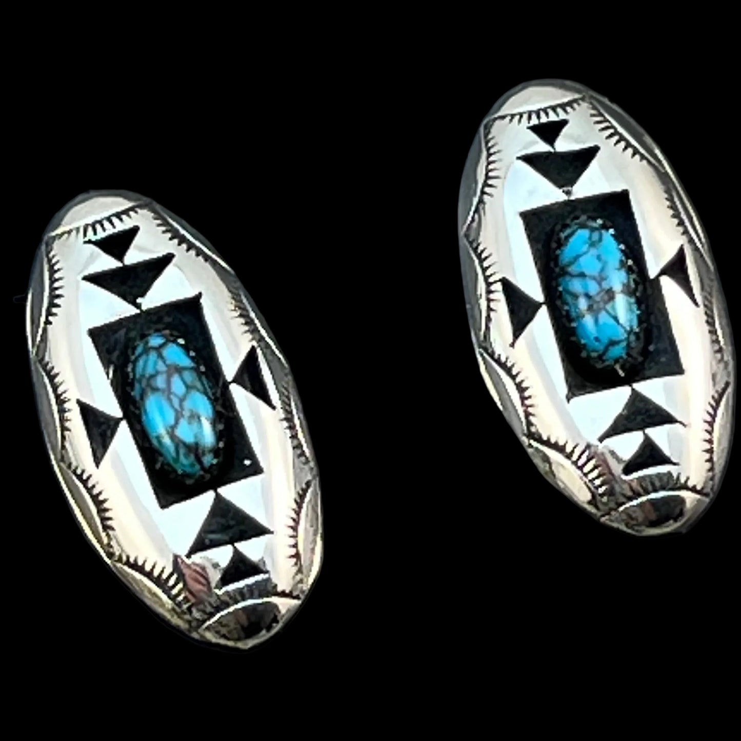 oval concho shadowbox post stud earrings, sterling silver turquoise Felix Perry 834