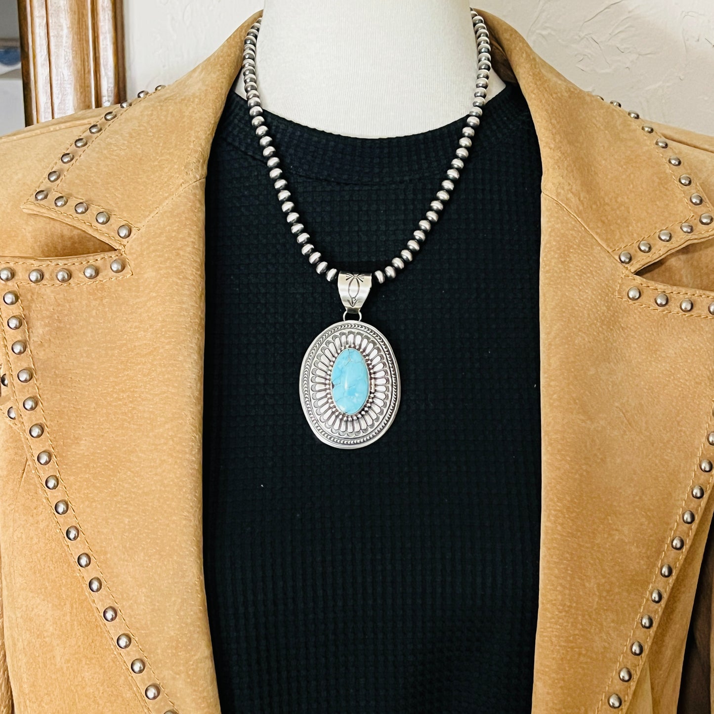 Natural Egyptian Light Blue Turquoise Stamped concho pendant Arnold Blackgoat Sterling silver