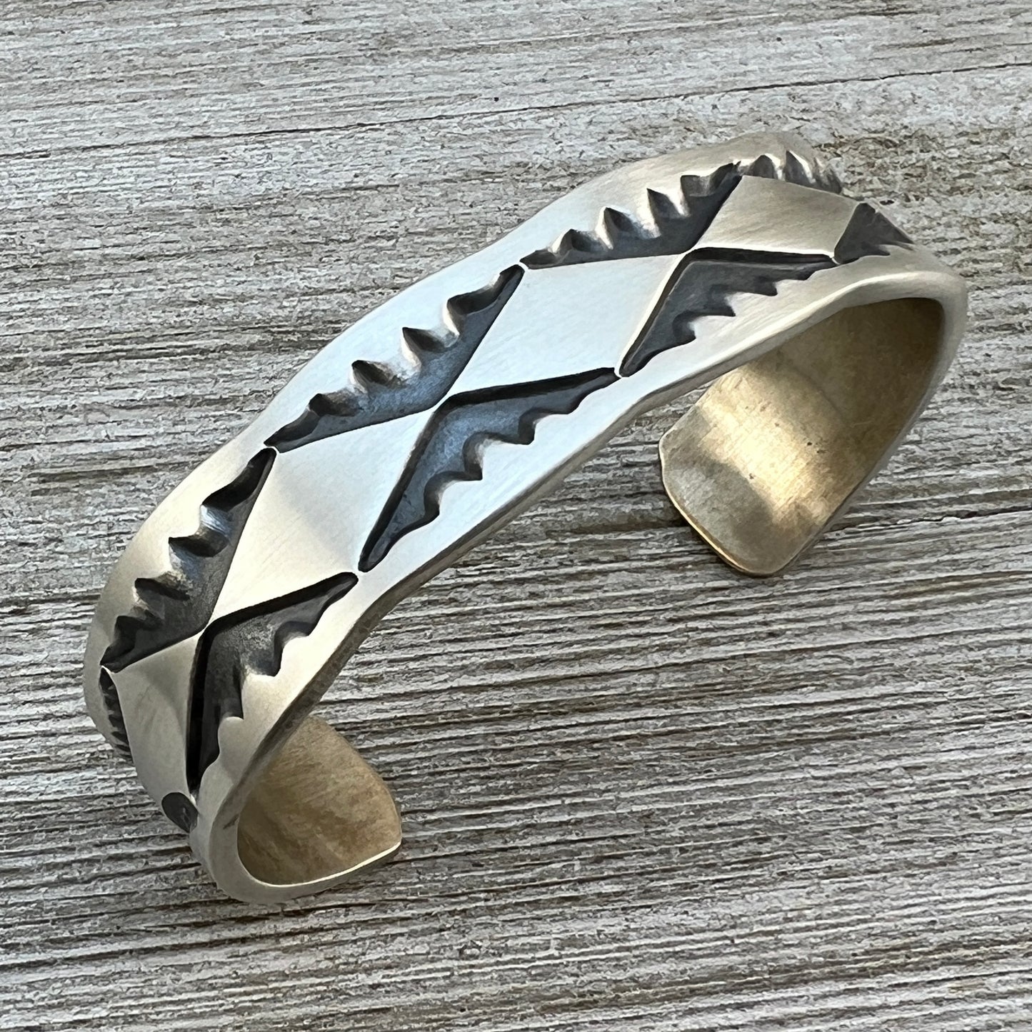6 1/2" Heavy Stamped cuff bracelet 1, Navajo handmade Jerrold Tahe sterling silver stack