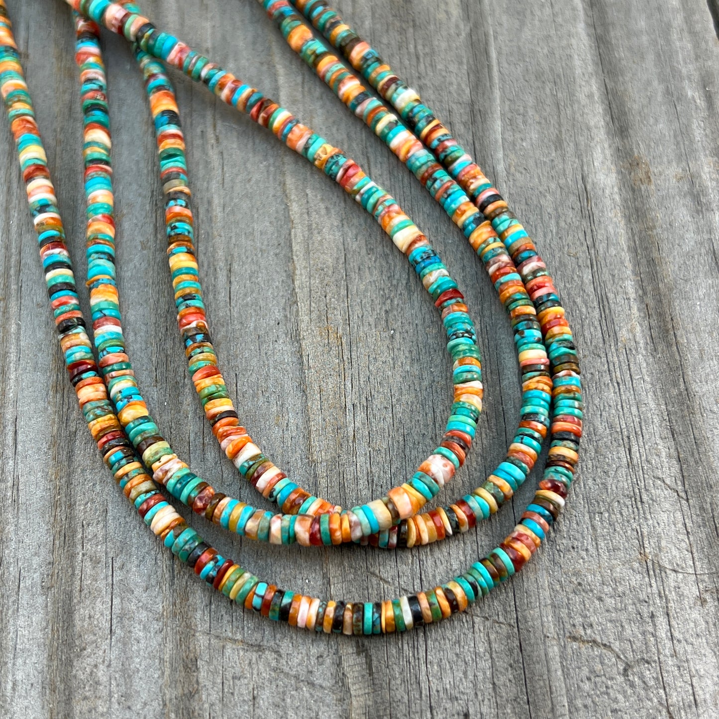 17", 4mm heishi necklace choker, turquoise red orange spiny oyster shell boho necklace