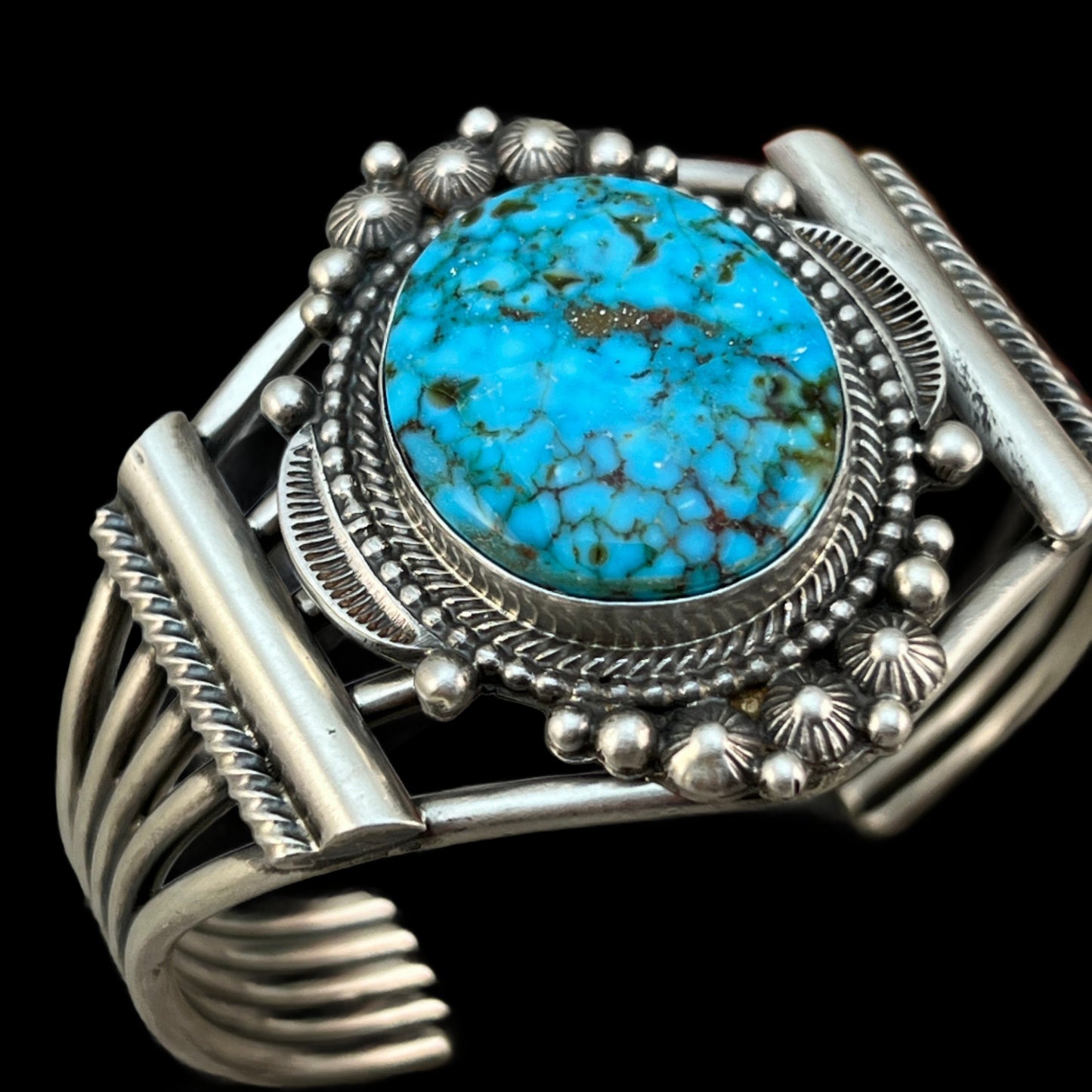 6.5" Kingman spiderweb turquoise cuff bracelet 2 Navajo sterling TOM LEWIS