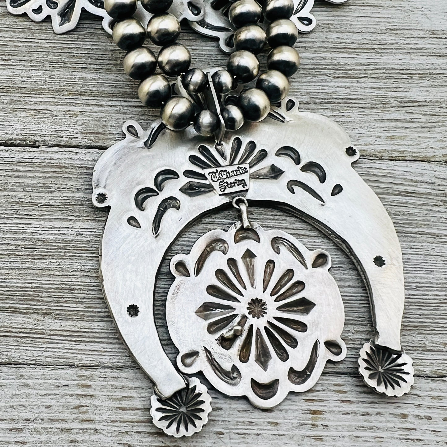 Large all silver Terry Charlie Squash Blossom Necklace Stamped repousse Navajo handmade NK1