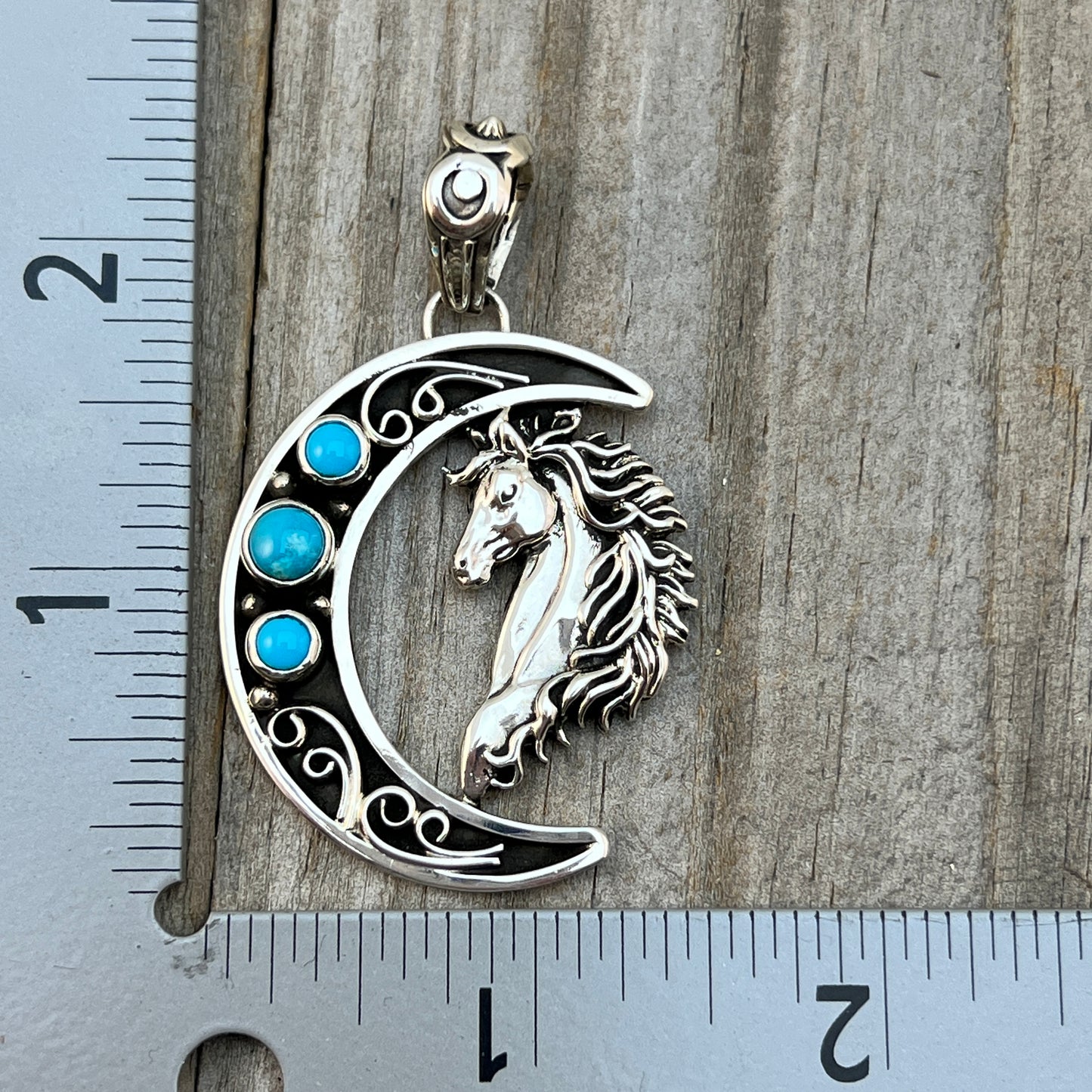 Blue turquoise horse moon pendant sterling silver Jennifer Cayaditto Navajo 819