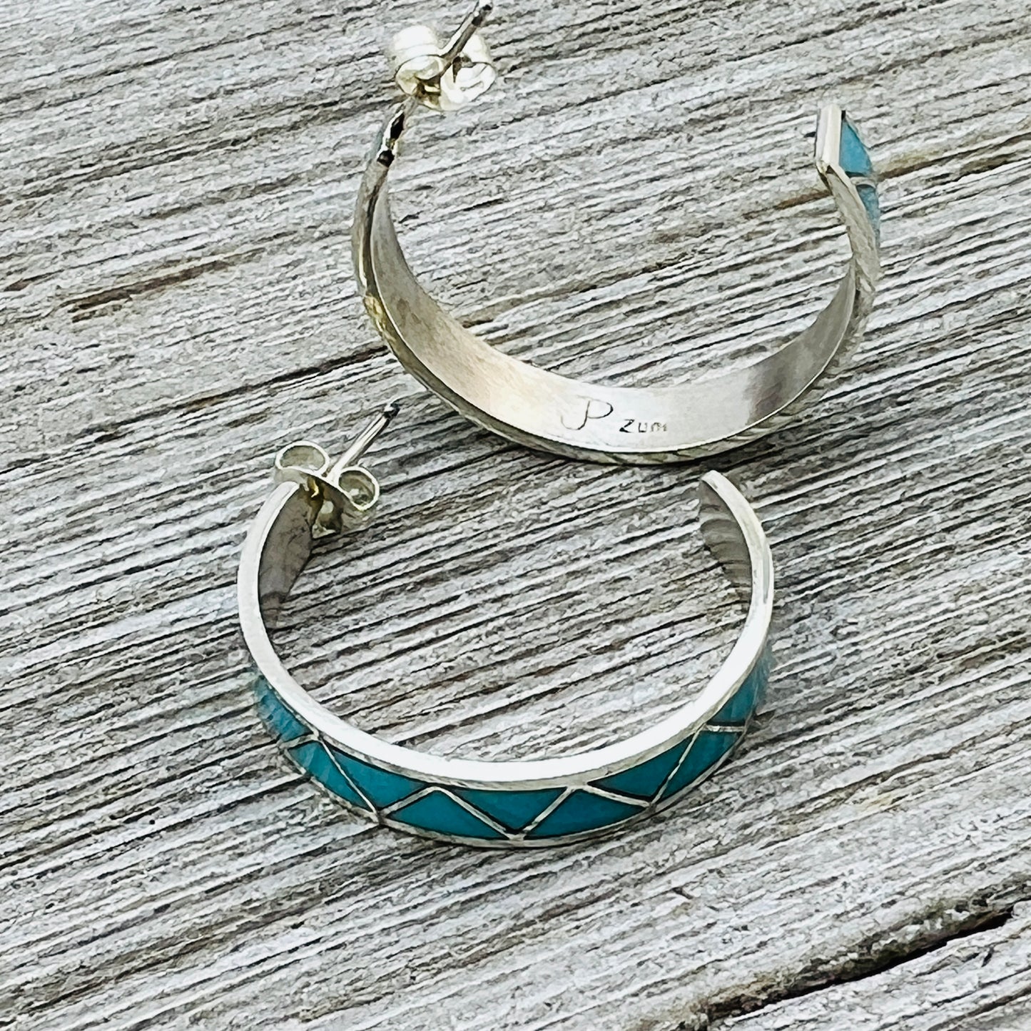 Turquoise inlay hoop earrings Joann Peina Zuni Sterling silver ER46