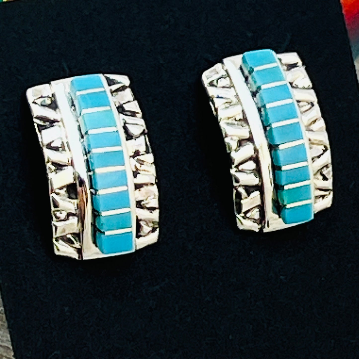Small modern Turquoise inlay semi - hoop earrings Janelle Shebola Zuni Sterling silver ER42