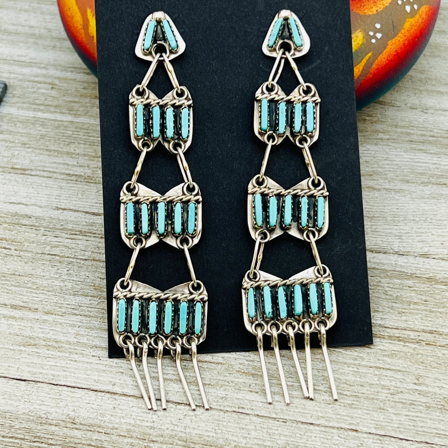 Long Turquoise needlepoint chandelier earrings Geraldine Faber Navajo handmade ER40