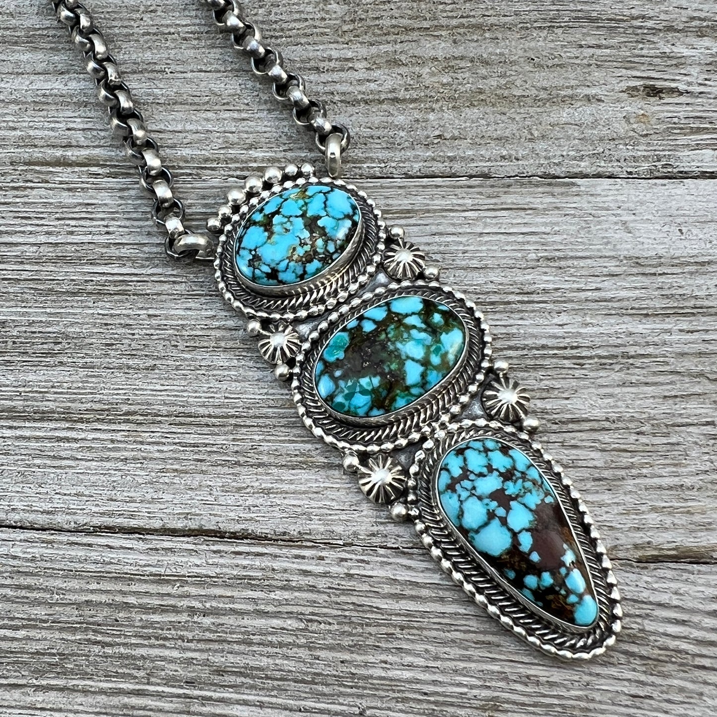24" Kingman turquoise Necklace 2 Sterling Silver Rolo Chain Tom Lewis Navajo
