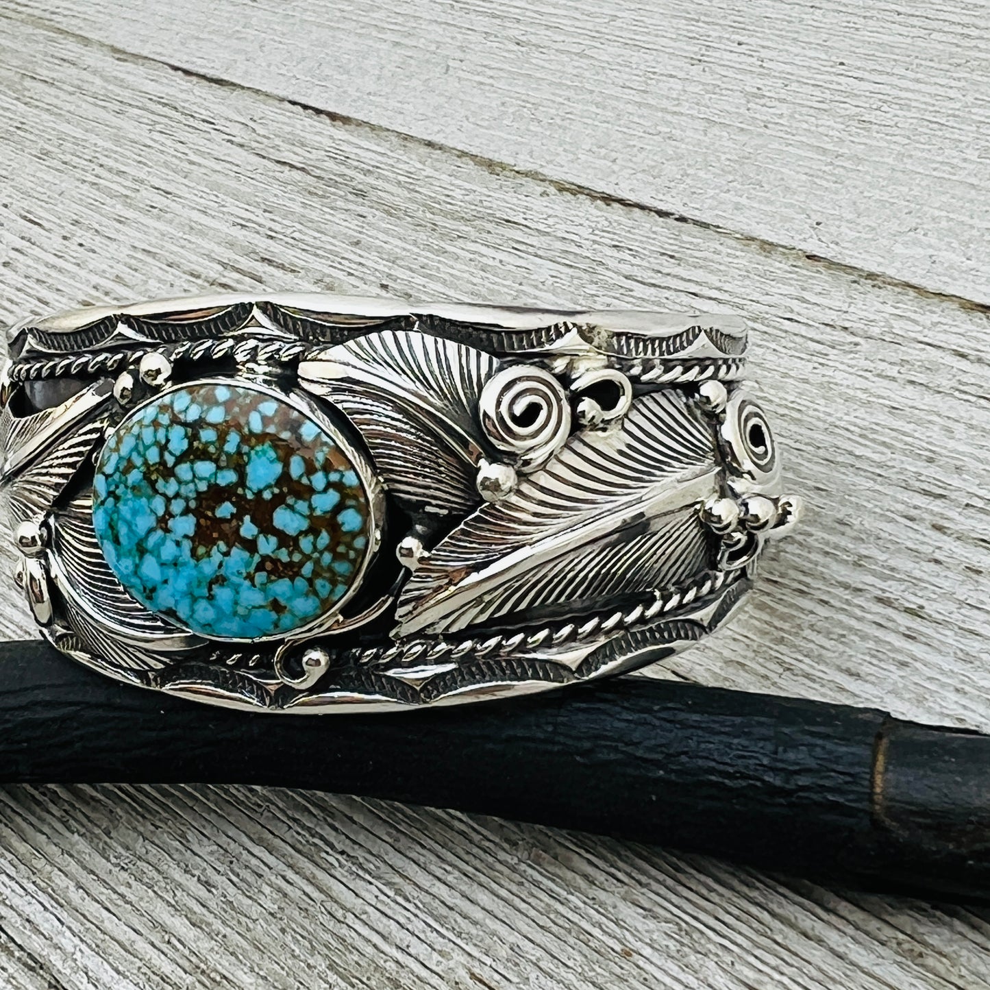 6 1/4" Kingman Spiderweb Turquoise floral cuff bracelet sterling silver Darrell Morgan BR3