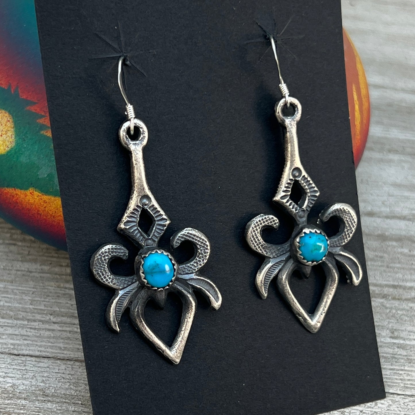 Modern tufa cast earrings, sterling silver turquoise Navajo Eva & Linberg Billah