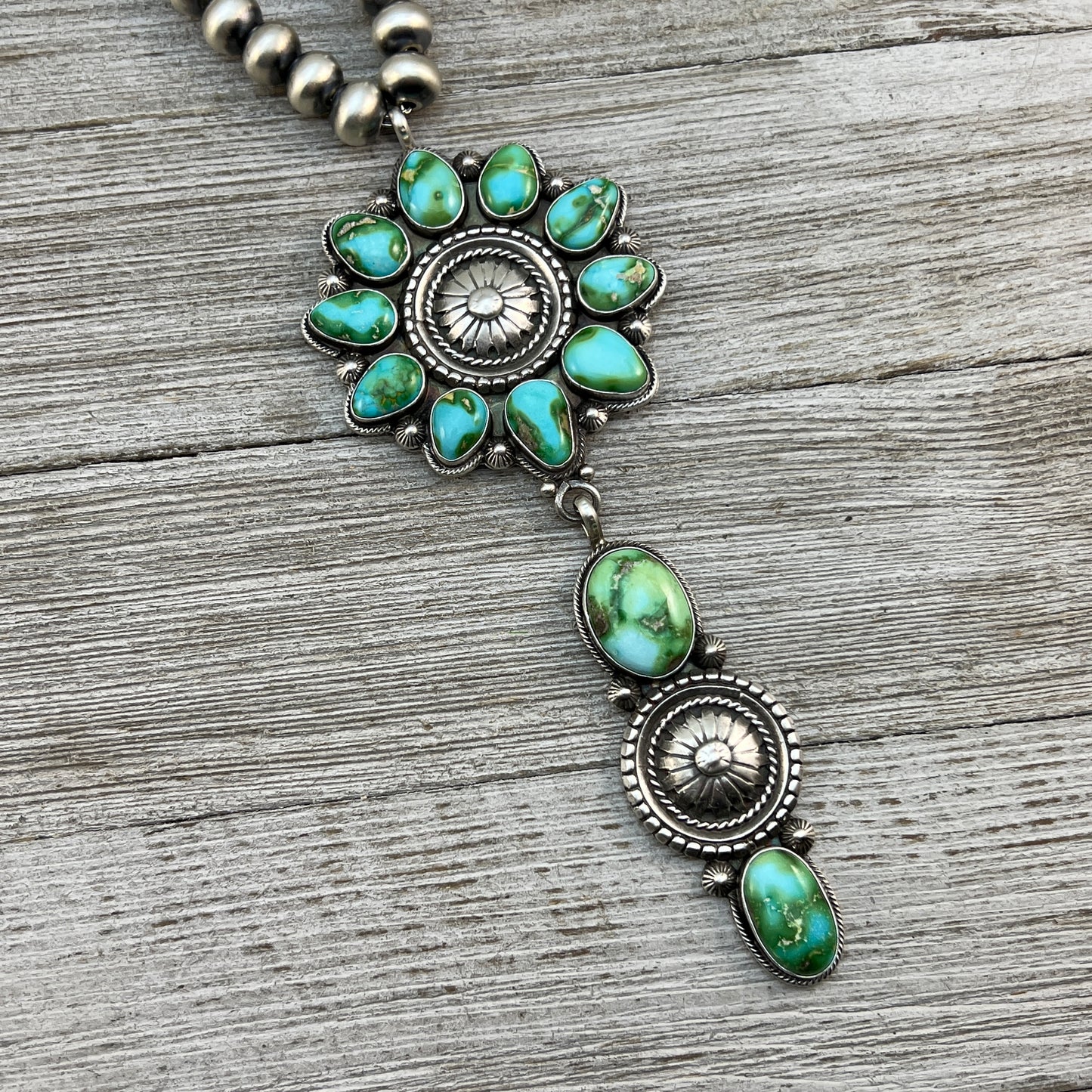 21" Sonoran turquoise Navajo Necklace Sterling Silver Pearls 10mm beads
