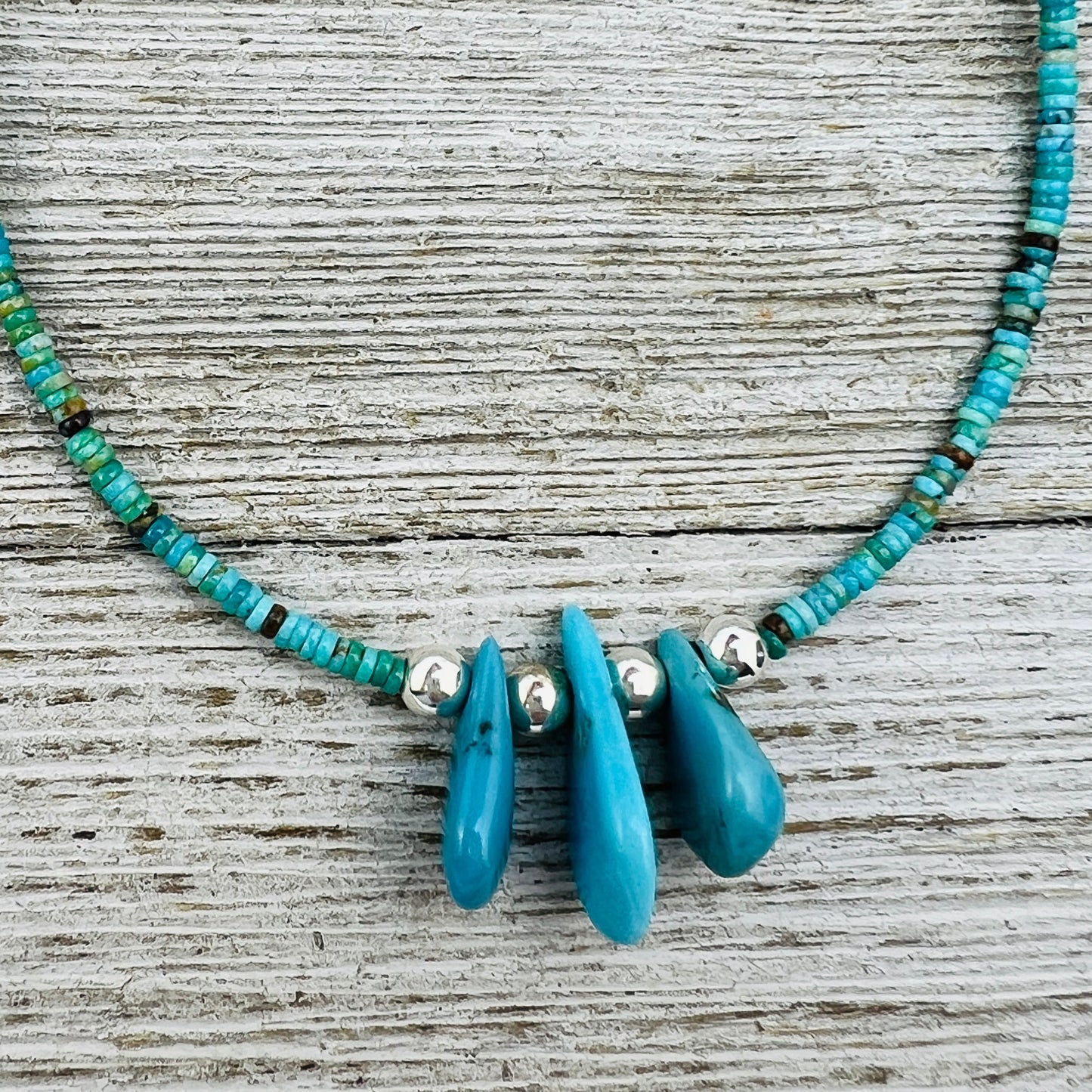 17 1/2" Blue Kingman turquoise heishi necklace with teardrop beads Doreen Jake Navajo
