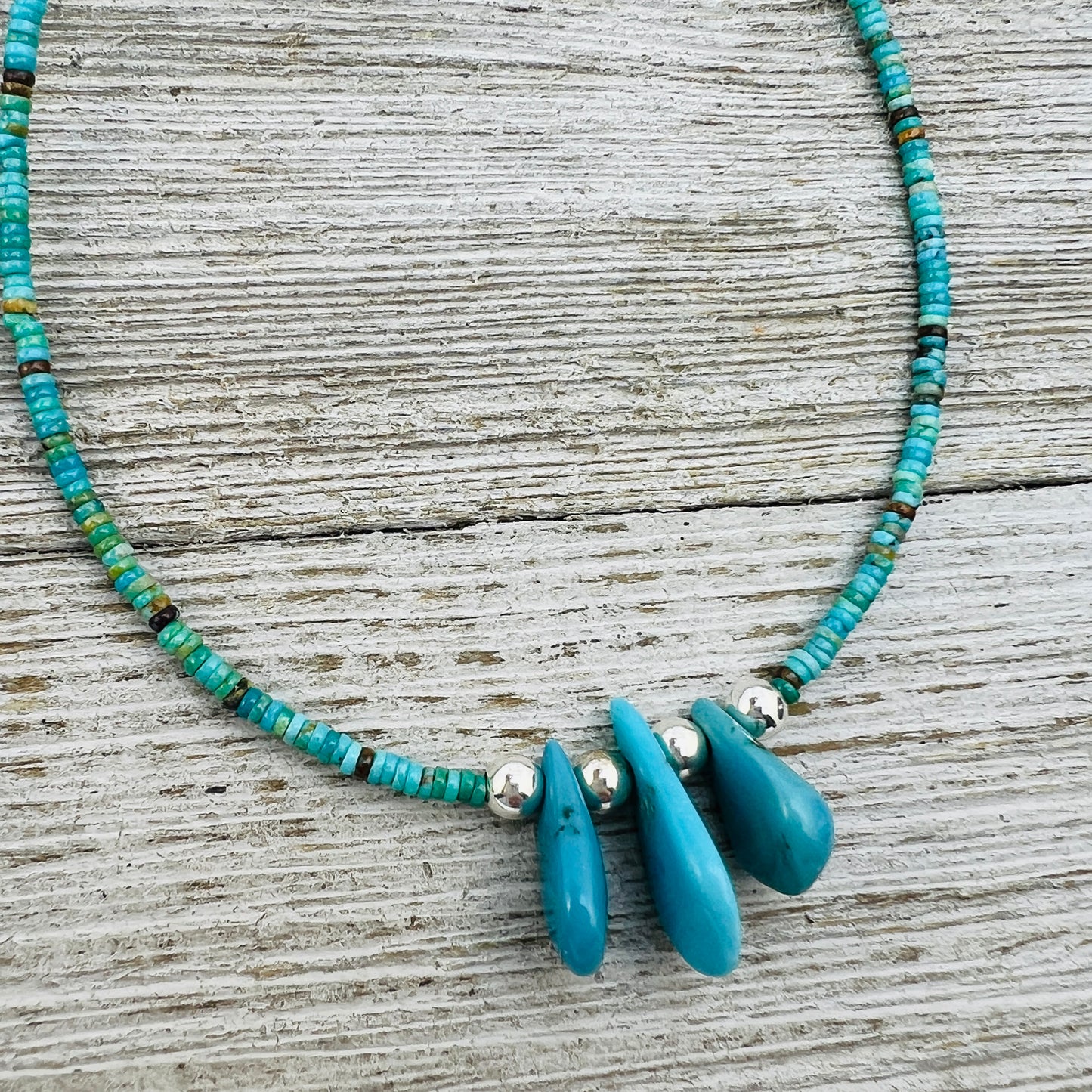 17 1/2" Blue Kingman turquoise heishi necklace with teardrop beads Doreen Jake Navajo