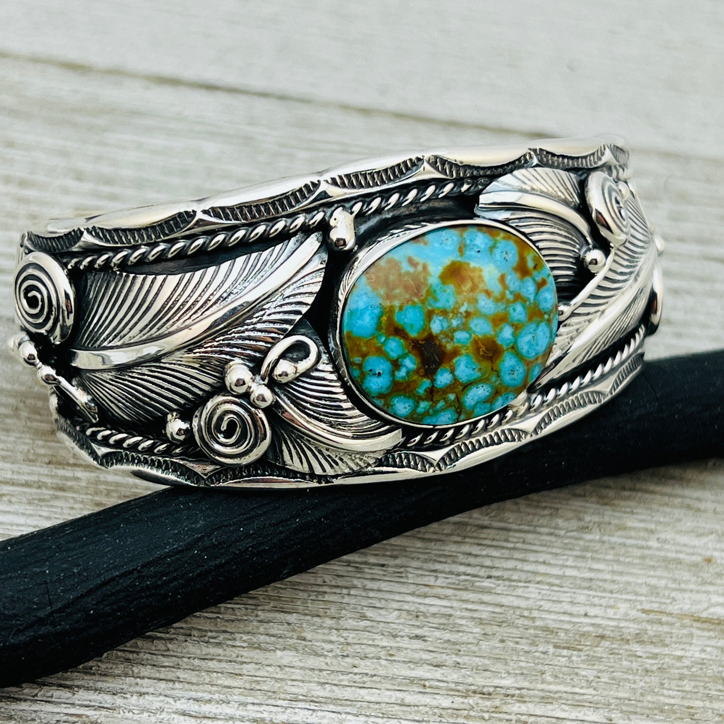 6 1/2" Kingman Turquoise floral cuff bracelet sterling silver Darrell Morgan BR2
