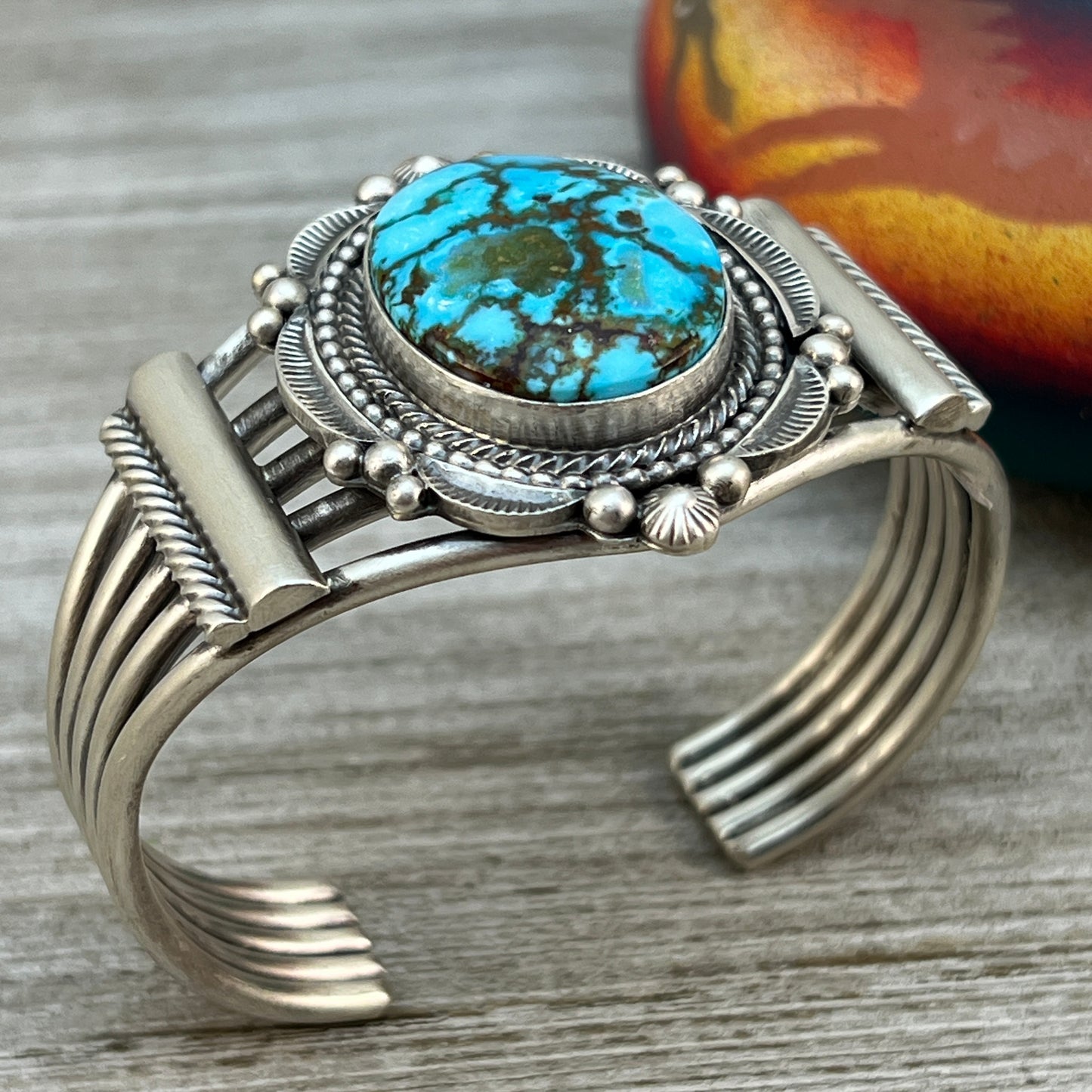 6.5" Kingman spiderweb turquoise, cuff bracelet 3 Navajo Tom Lewis sterling silver