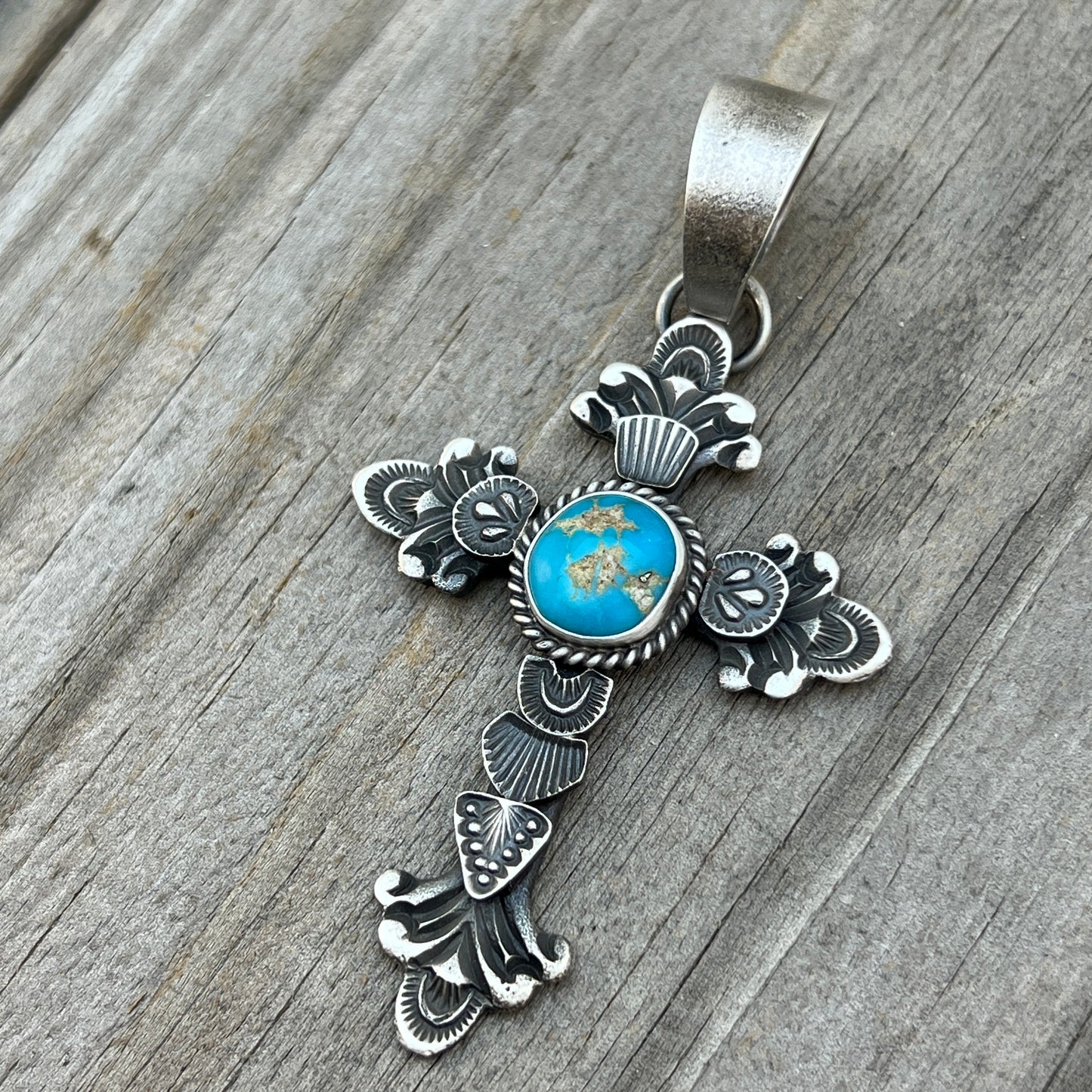 Kingman turquoise ornate cross pendant sterling silver Kevin Billah Navajo 808