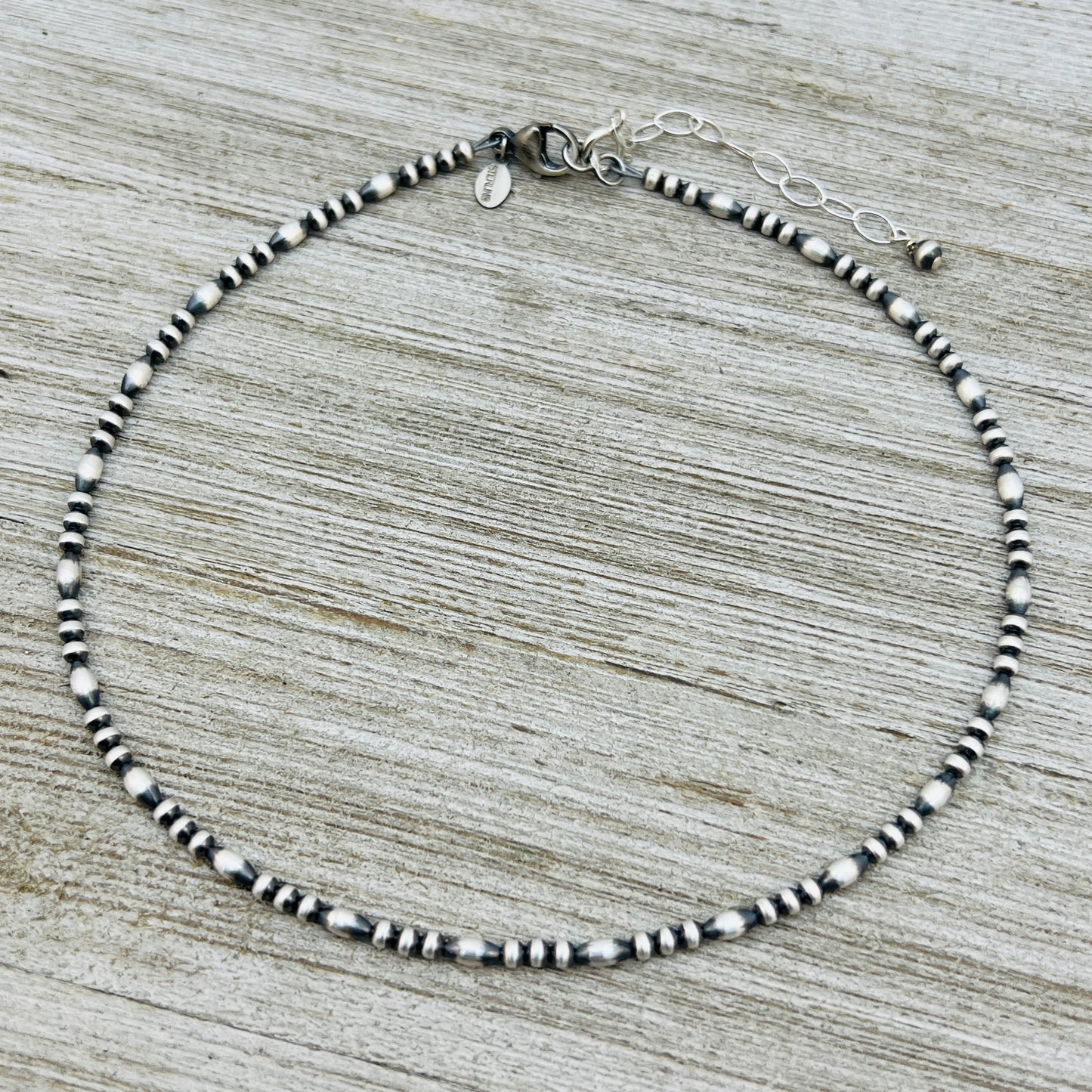 14" plus 2" extension adjustable choker, Real Sterling Silver, oxidized, Bead Necklace, Western Boho Pearl