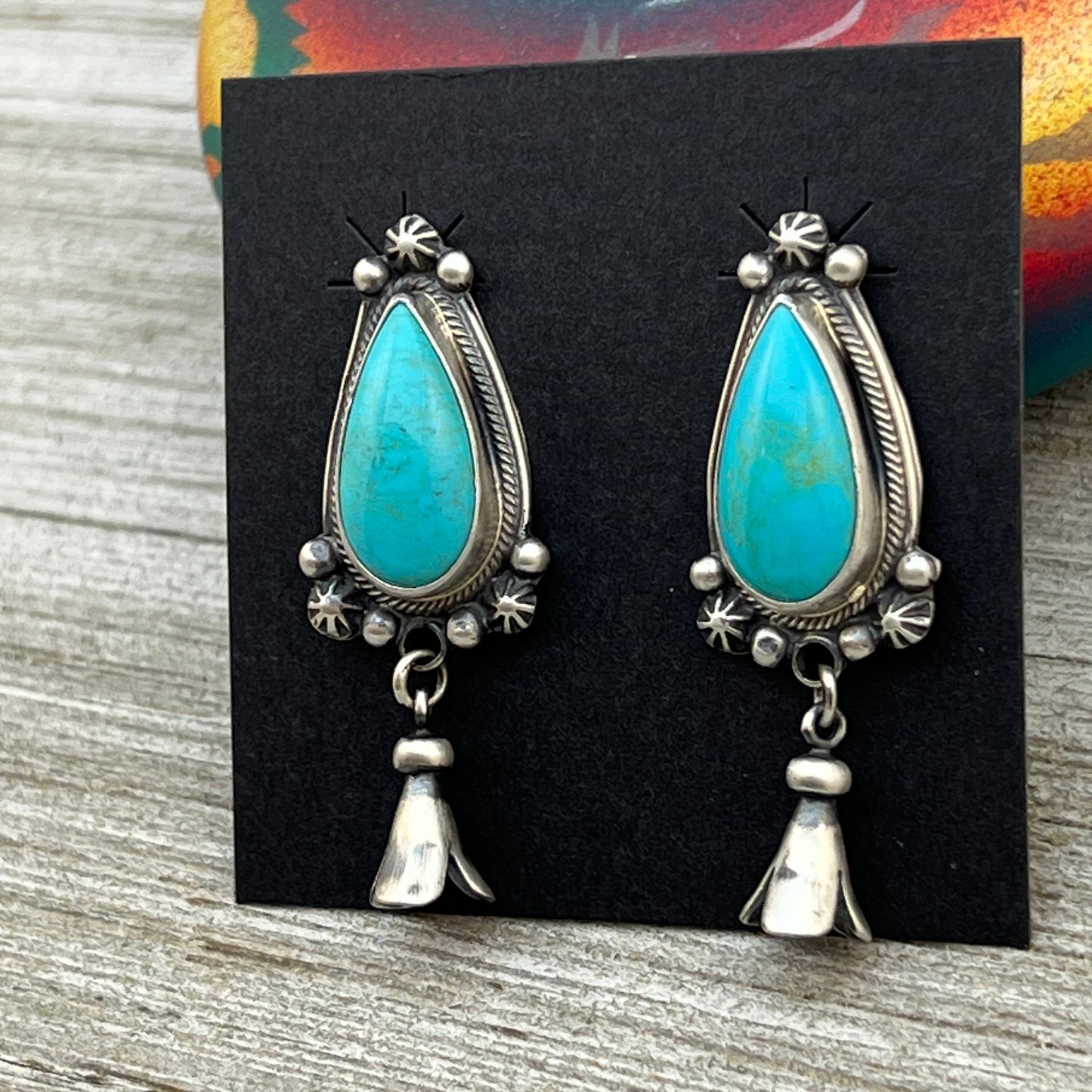 Sonoran Turquoise Navajo Squash Blossom Earrings Bobby Johnson signed Sterling silver ER4