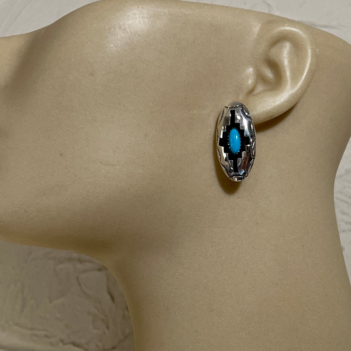 oval concho shadowbox post stud earrings, sterling silver turquoise Felix Perry