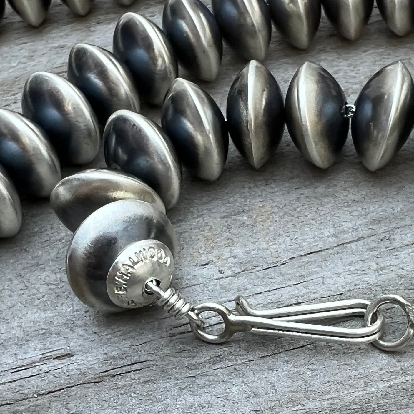 24" Navajo Handmade Sterling Silver Pearl 13mm Saucer Bead Necklace Bryannen Halwood 840